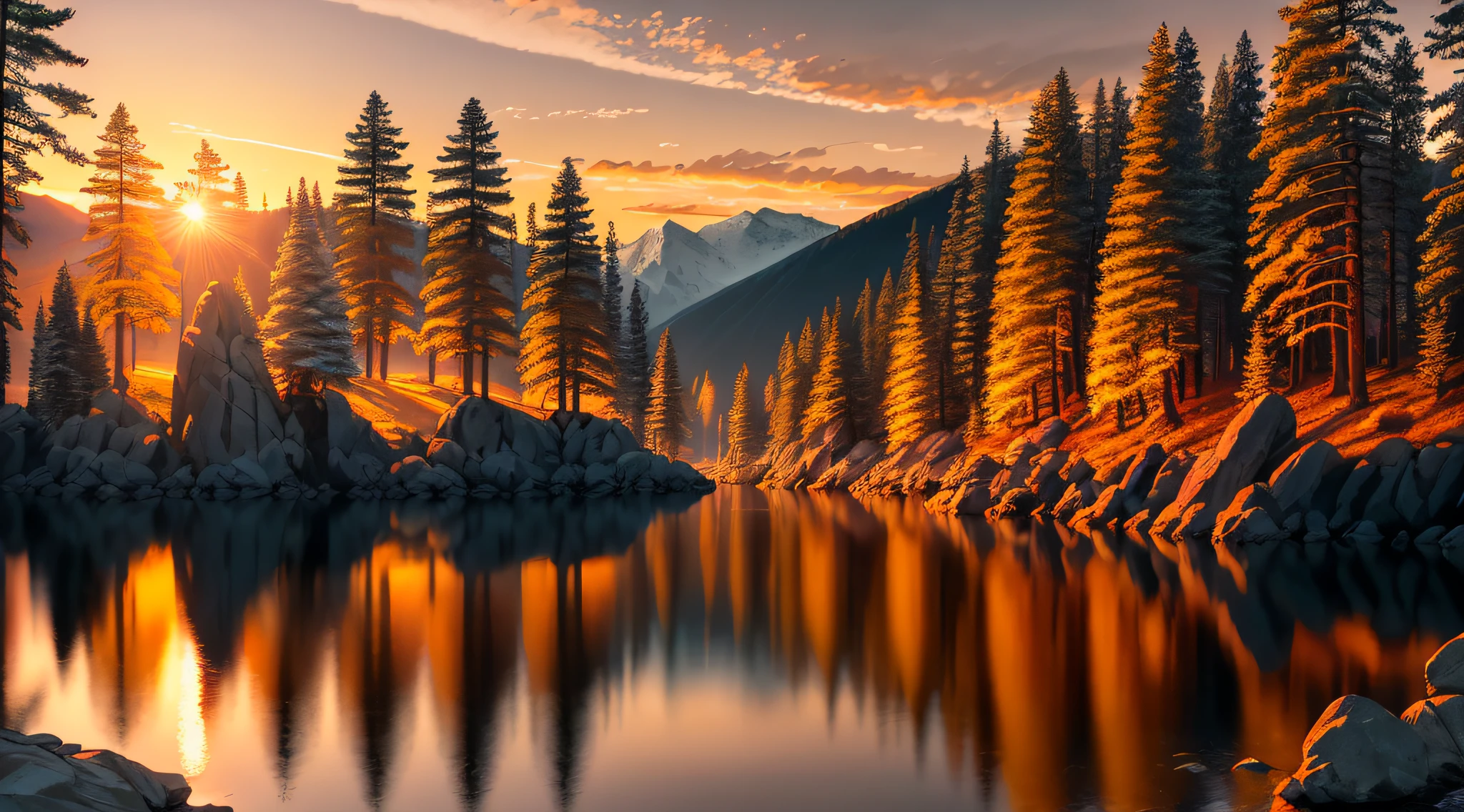sunset on the lake with rocks and trees, in the style of nikon d850, sven nordqvist, intense color saturation, helios 44-2 58mm f/2, intense use of light and shadow, luminosity of water, yellow and orange, long exposure, cinematic light, bokeh