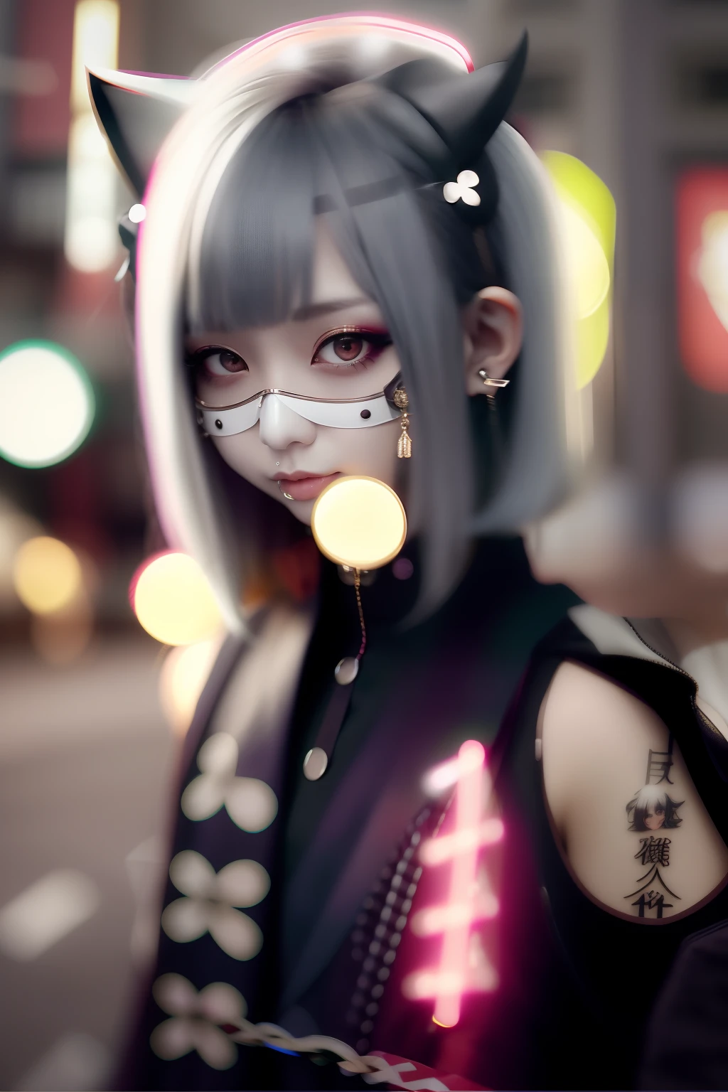 bob cuts、an eye patch、、Twin-tailed、goth_punk, 1girl in, 独奏, medium shot, Walking in Harajuku, ((during night)), bokeh dof, Neon light, Iridescent eyes, starrysky, red glowing hair, White eyebrows, Radiant hair, (iridescent white hair), 耳Nipple Ring, bangss, jewely, masks, bluntbangs, verd s eyes, Mouth mask, blurry backround, bblurry, hair adornments, Look at viewers, shorth hair, portraitures, side locks