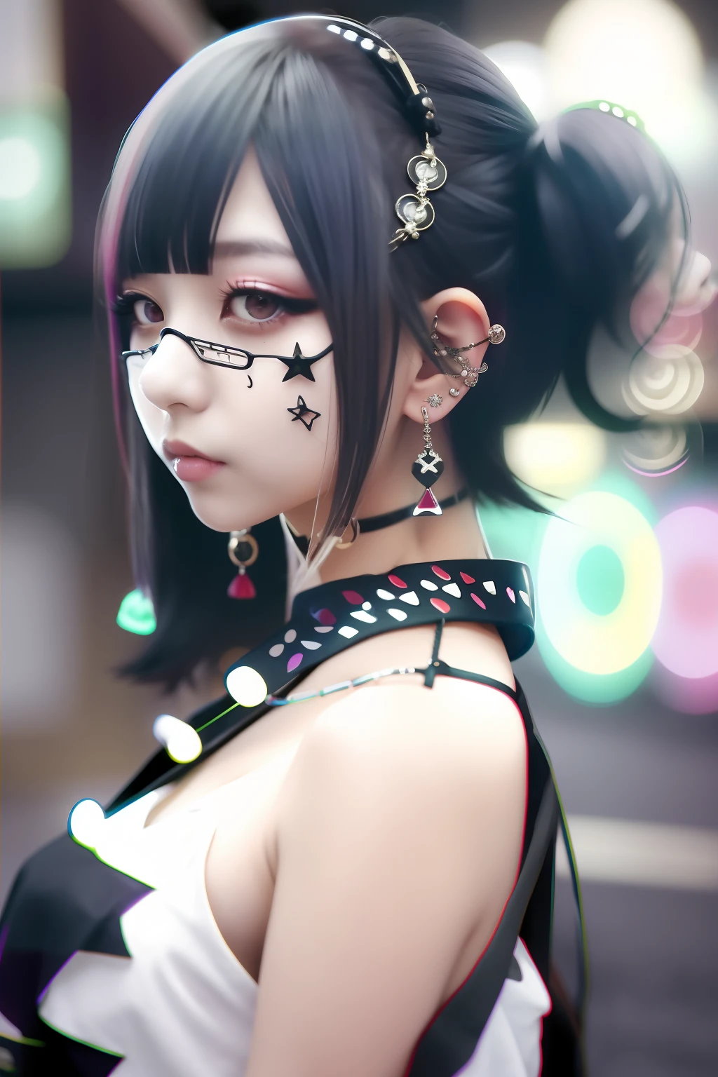 bob cuts、an eye patch、、Twin-tailed、goth_punk, 1girl in, 独奏, medium shot, Walking in Harajuku, ((during night)), bokeh dof, Neon light, Iridescent eyes, starrysky, red glowing hair, White eyebrows, Radiant hair, (iridescent white hair), 耳Nipple Ring, bangss, jewely, masks, bluntbangs, verd s eyes, Mouth mask, blurry backround, bblurry, hair adornments, Look at viewers, shorth hair, portraitures, side locks
