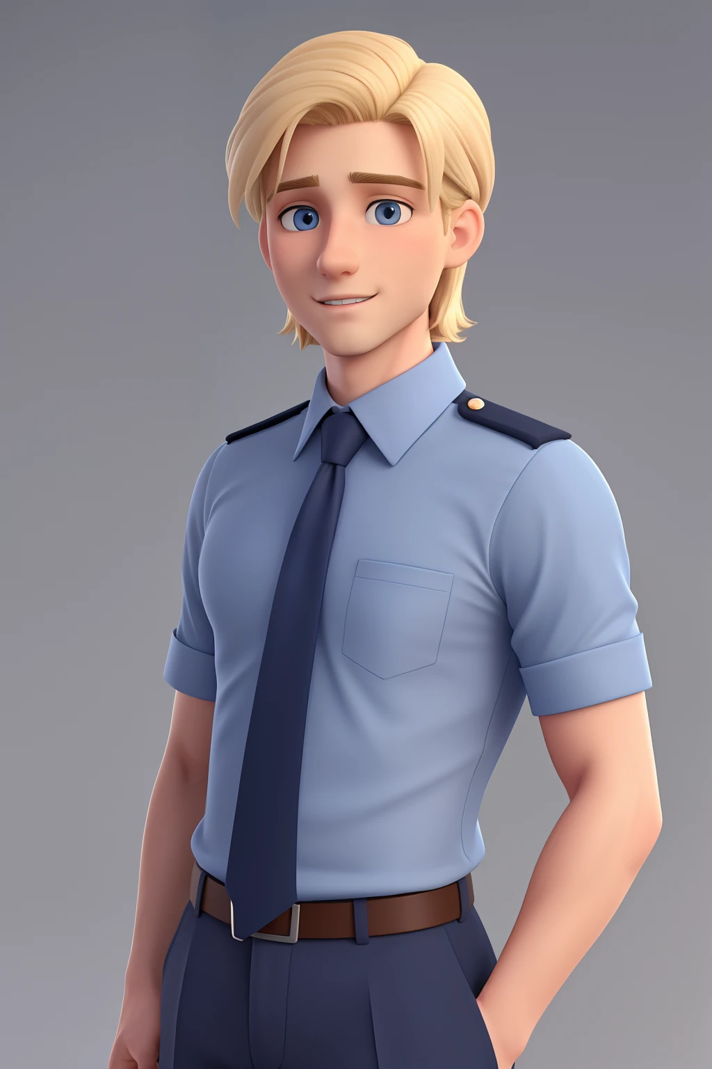 A 25 year old British man, a father, with groomed swept blond hair, pale blue eyes, handsome face, well-defined jaw, wearing navy blue shirt with necktie. 3d cartoon