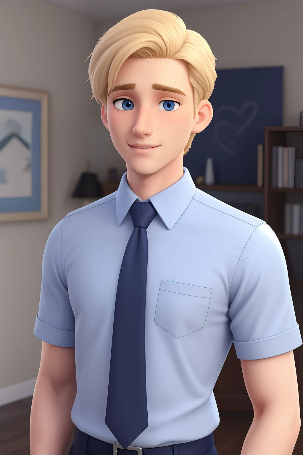 A 25 year old British man, a father, with groomed swept blond hair, pale blue eyes, handsome face, well-defined jaw, wearing navy blue shirt with necktie. 3d cartoon