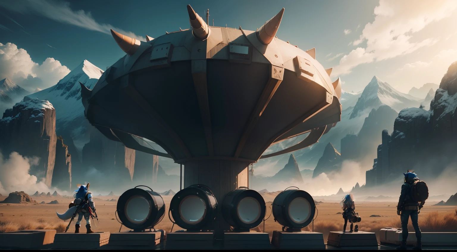 Giant horn-shaped long-range sonic emission amplification device,3 groups neatly arranged,The elbow harness is connected to the controller,Background Blank Wilderness,Cinematic texture,Ultra photo realsisim