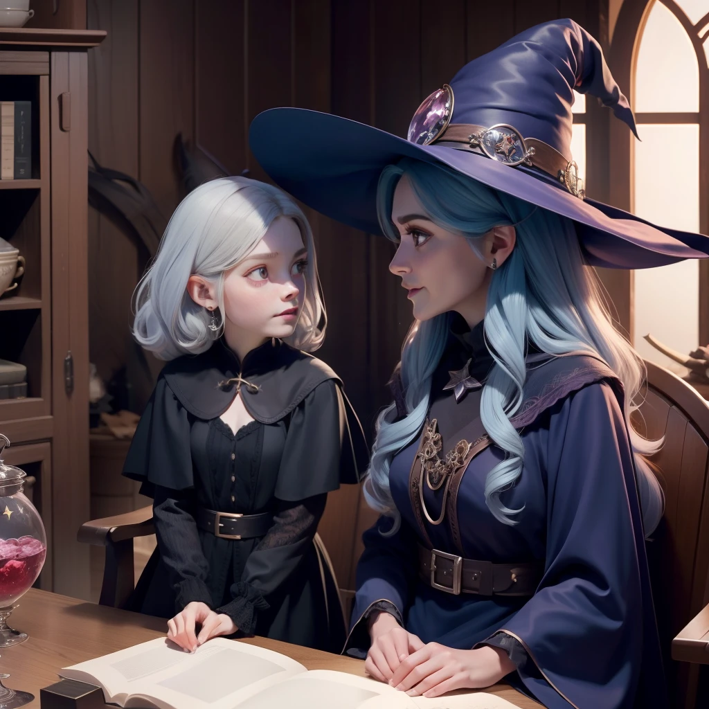 A witch grandma and her witch granddaughter, in a room, discussing something, sparkling pictures, high quality pictures, pretty faces,