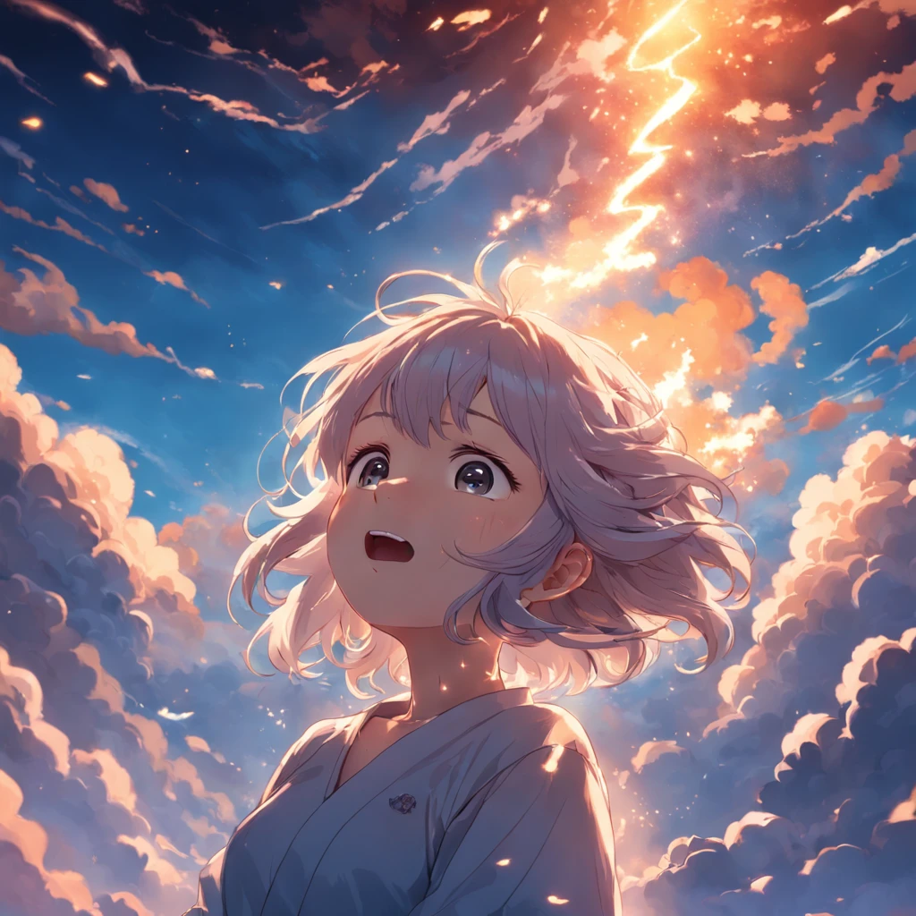 masterpiece, best quality, movie still, 1girl, cloud girl, floating in the sky, close-up, bright, happy, warm soft lighting, sunset, (sparks:0.7)