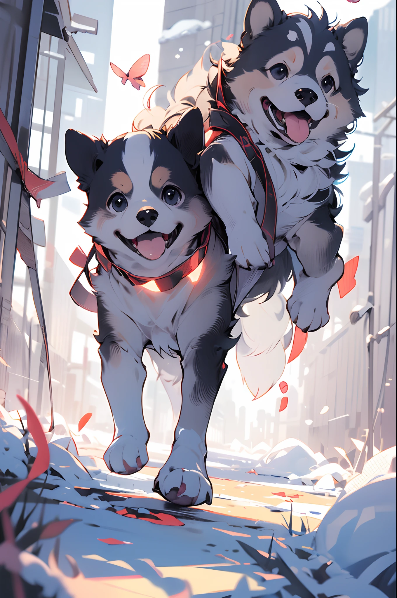 a Dog、Running around in a snowy field、wide Shots、masutepiece、pixiv、top-quality、detail portrayal、Backgrounds with depth、