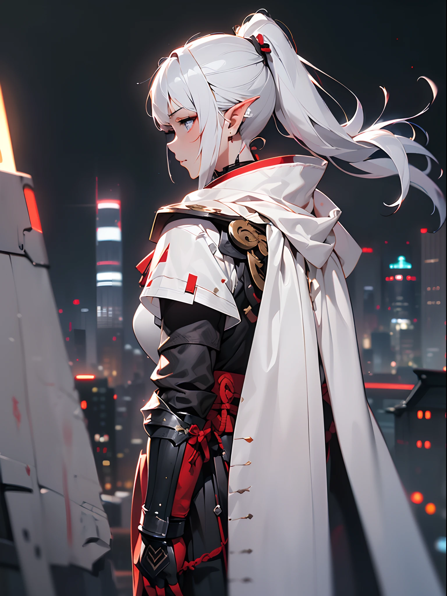 ((jpn)),((Best Quality)),((Beautifully painted)),((hight resolution)),1girl in,Beautiful Elven Daughter,((onmyouji)),((suikan)),((White cloak with red decoration)),Luminescent bushy silver-haired ponytail,Shining eyes,(((black cyber gauntlet and glove))),nice hand, Perfect hands,((((Operate a virtual keyboard floating in the air on the roof of a skyscraper)))),((Flying flames)),armor,(face forcus),(((motion blur))),(((dynamic angle))),((cinematic lighting)),((from behind))