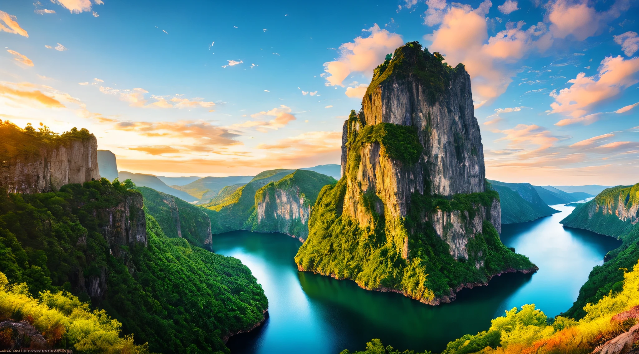 Masterpiece, ultimate quality, Cg unity 8k wallpaper, super delicate, beautiful sky and clouds, rich natural scenery, cliffs, lakes and rivers, waterfalls and flying water, beautiful green mountains, no trace of people, excellent scenery, has already won a photo contest, background Blurring, full depth of field, HDR high dynamics, true restoration, intricate, extreme details, dramatic presentation, perfectly presenting the style of midjourney art.