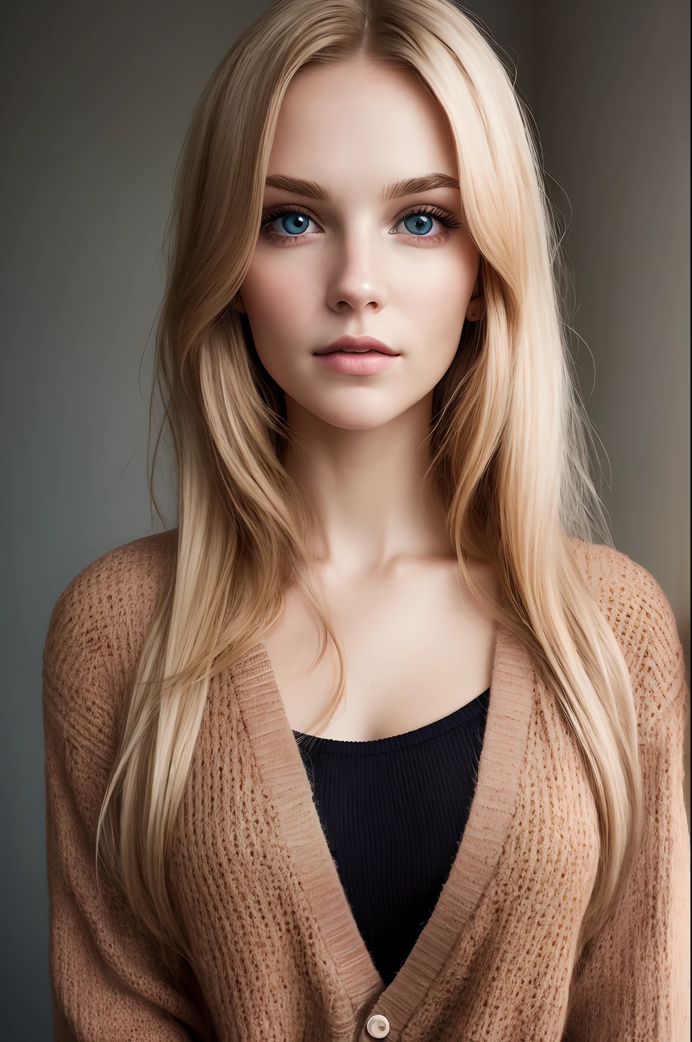 Aesthetic artwork, a finnish woman, blonde hair, black eyes, straight hair, flushed cheeks, full lips, mischievous gaze, light brown skin, short pule sweater, sexy build,