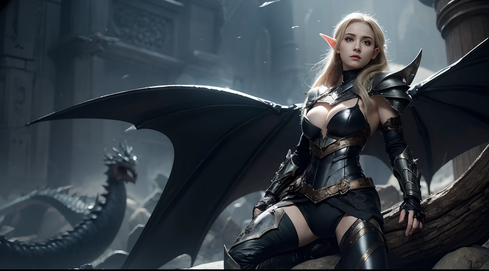 Female elf,Large breasts,Black armor,dramatics,Fly on a dragon