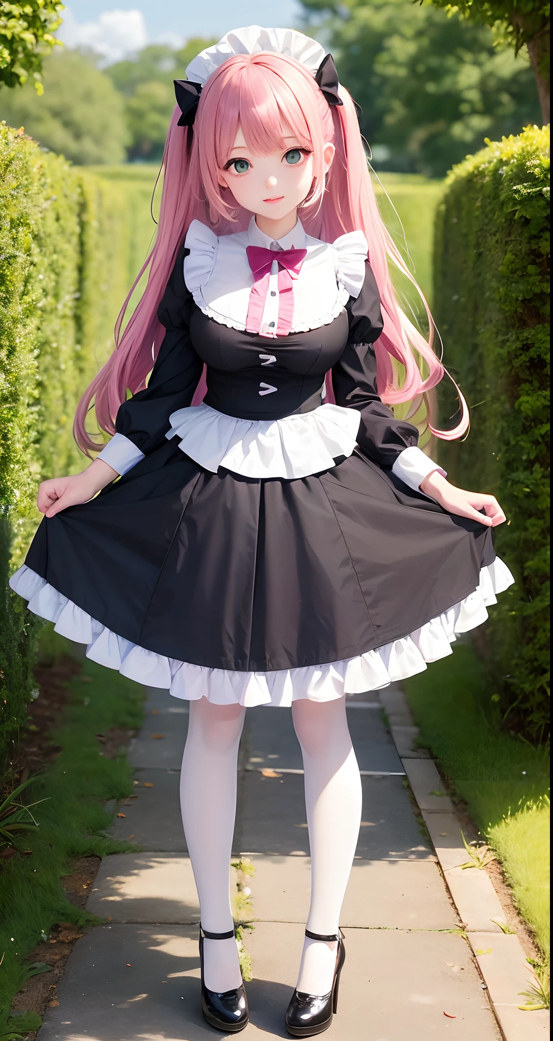 1girll,(tmasterpiece:2.0,best qualtiy),(Fine beautiful eyes:2.0),ph_REM,1girll,Pink hair,Best quality ,ultra - detailed ,Beautiful face ,独奏,eBlue eyes,x hair accessories,legs ornaments,Bow knot,stocklings,lacepantyhose,Lolita heels,lolita shoes,Floral wedding shoes,Wedding shoes,Maid uniform,full bodyesbian,Two hands,Two legs,Photo art,maidennurse,Skysky,rays of sunshine,the trees,wave,hair adornments,Bow knot,Neck ornaments,legs ornaments,Footwear,stocklings,Long socks, art-styleI,Masterpiece, Best quality, A high resolution, 超A high resolution,anime big breast,1 girl,Morning,Natural lighting,view the viewer,full bodyesbian,hair adornments,Dancing,Maid uniform,Pleated skirt,City,Blossom,Normal body shape,Oval face,Straight hair,Long hair,exquisite eye makeup,lipstick,Medium breasts,Medium Waist,medium thigh,High heels