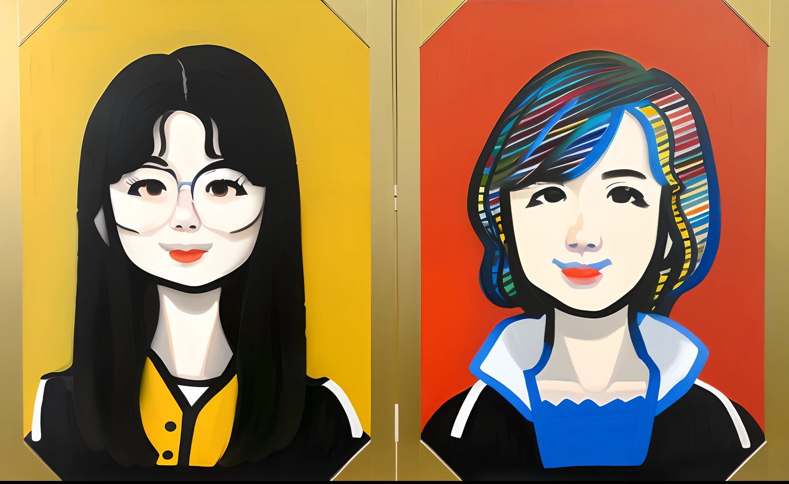 two colored oil painting of two women, inspired by Alex Katz, cartoon portrait, small portraits, detailed portraits, 2d portrait, yoshitomo nara and aya takano, roy lichtenstein and jackie tsai, pantone marker portrait, portait image, 1 / 4 portrait, large portrait, inspired by Wang Duo