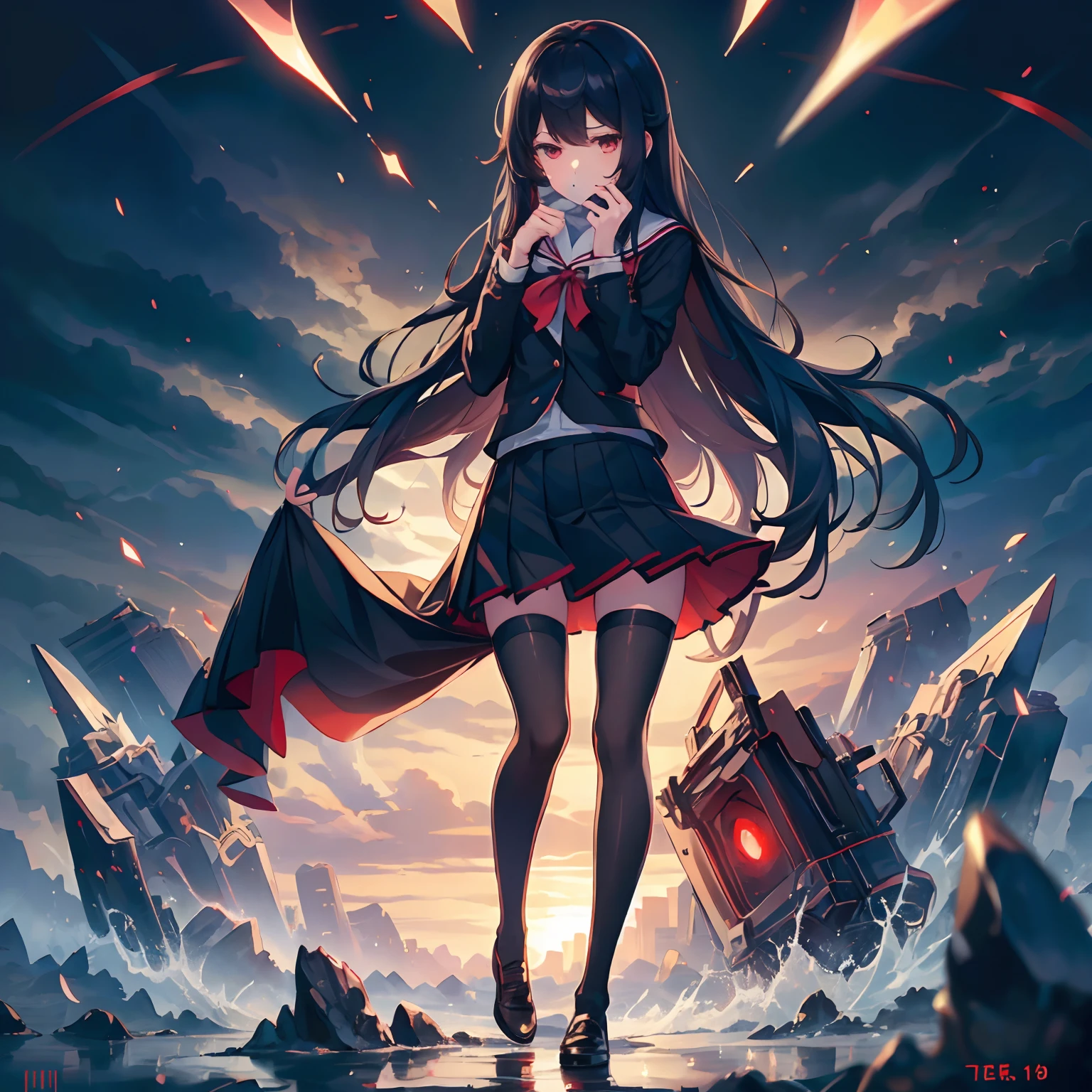 tmasterpiece，best qualtiy，Correct limbs，Girl covering her mouth，is shy:1.5，Be red in the face:1.5，JK school uniform，emaciated，a black pleated skirt，black lence stockings，thin very long legs，18year old，High school seniors，school ground