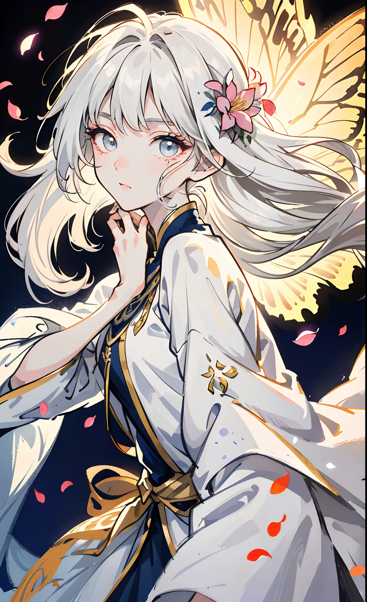 A masterpiece),(Delicate facial features),(Very fine CG),(Highest image quality),Messy hair,long eyelasher, ,white color hair, Dull hair,(tmasterpiece),(Delicate portrayal of the eye),(Finely portrayed clothes),Adult daughter, falling flower petals, glowing butterflies, long eyelasher