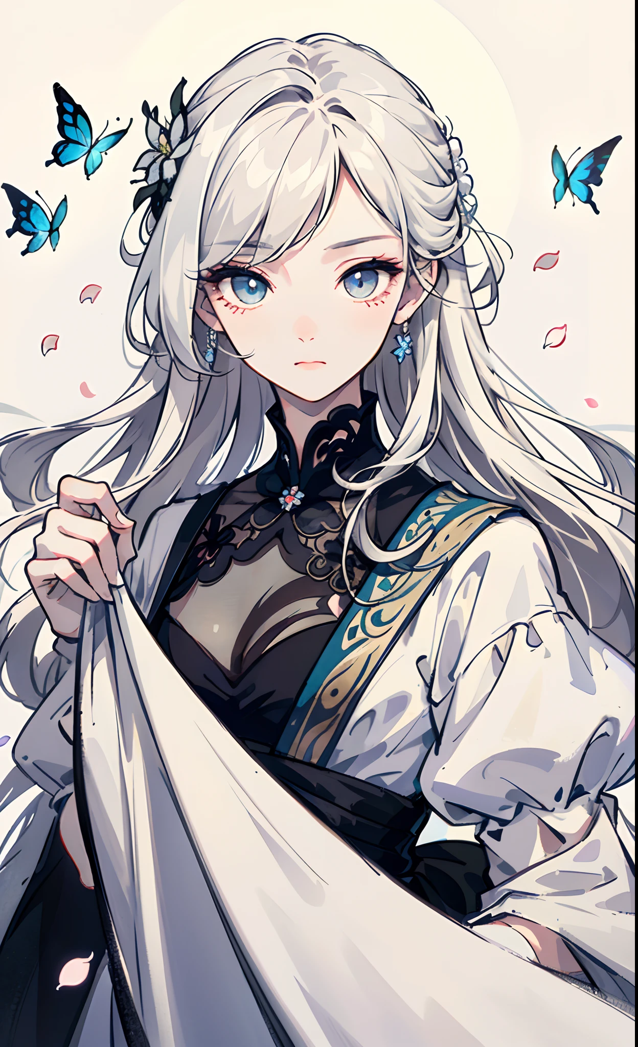 A masterpiece),(Delicate facial features),(Very fine CG),(Highest image quality),Messy hair,long eyelasher, ,white color hair, Dull hair,(tmasterpiece),(Delicate portrayal of the eye),(Finely portrayed clothes),Adult daughter, falling flower petals, glowing butterflies, long eyelasher