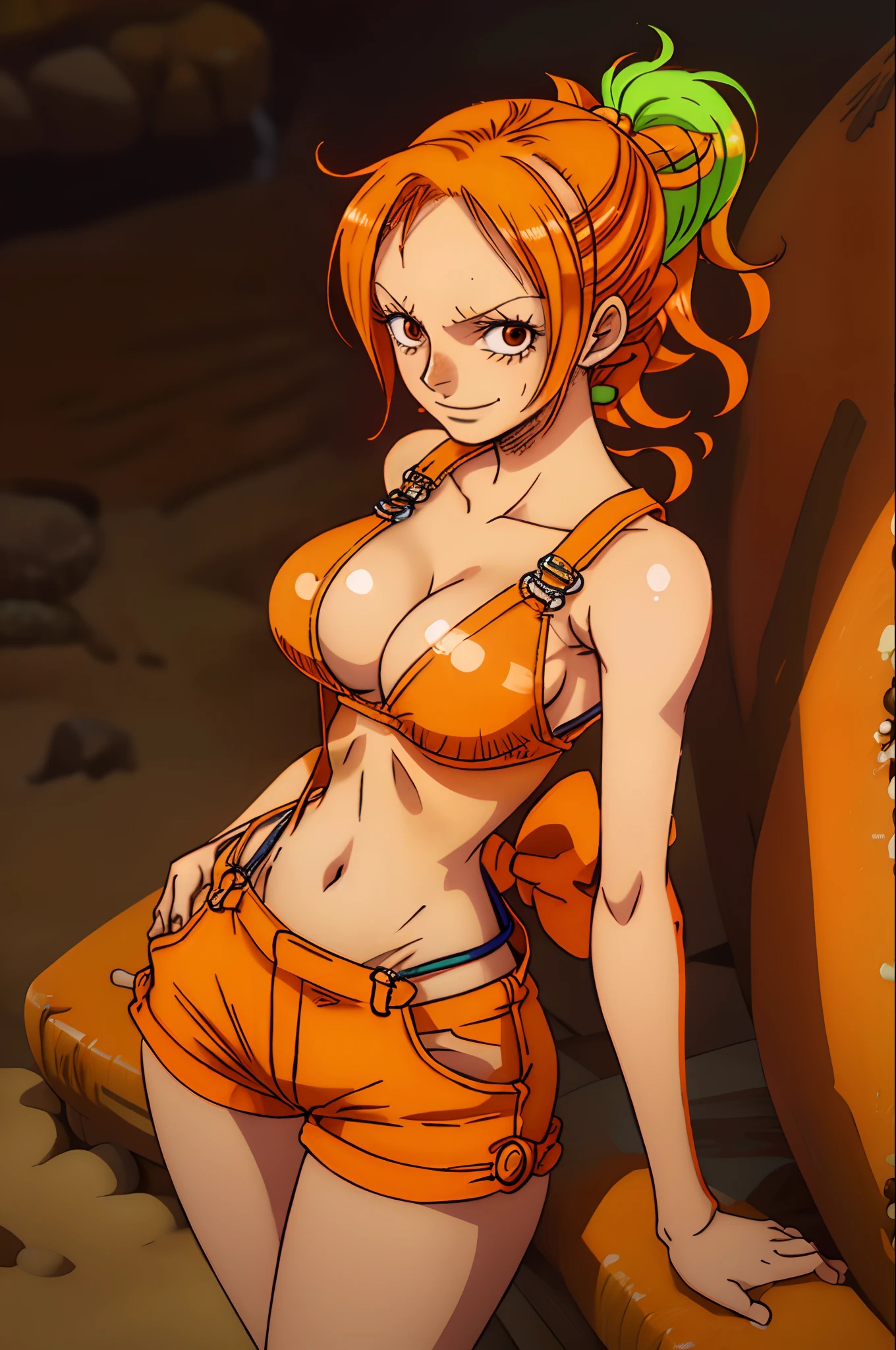 nami_\(one_piece\), 1girl, solo, standing, (large breasts), orange, (orange overalls), (orange overall_shorts), (white bikini_top), cleavage, embarrassed, smile, brown_eyes, shiny_skin, cowboy_shot, beach, skindentation, arms_behind_back, (green hairband with bow),