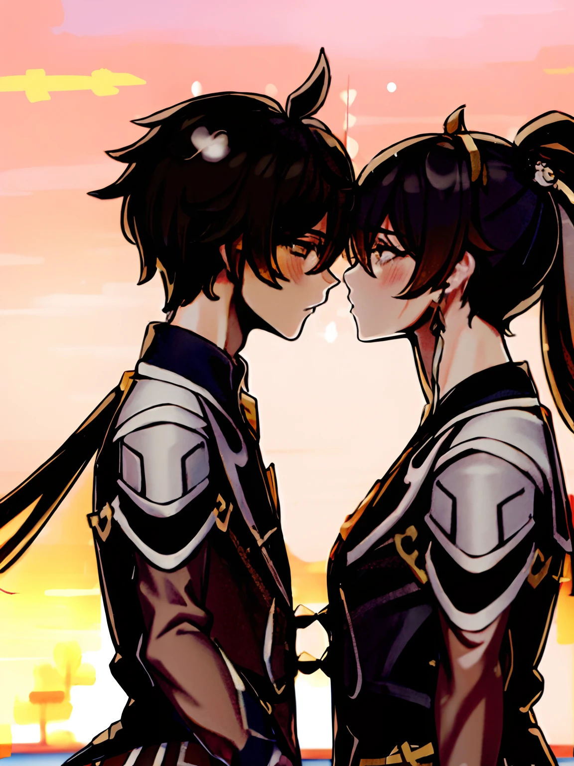 2 characters on stage (best quality masterpiece:1.2) 8k (detailed shoujo manga style:1.4) 1couple, 1girl(Junko), 1boy(zhongli), beautiful, absurdres, school uniform, couple, serafuku, eye contact, school window sunset lighting, kissing
