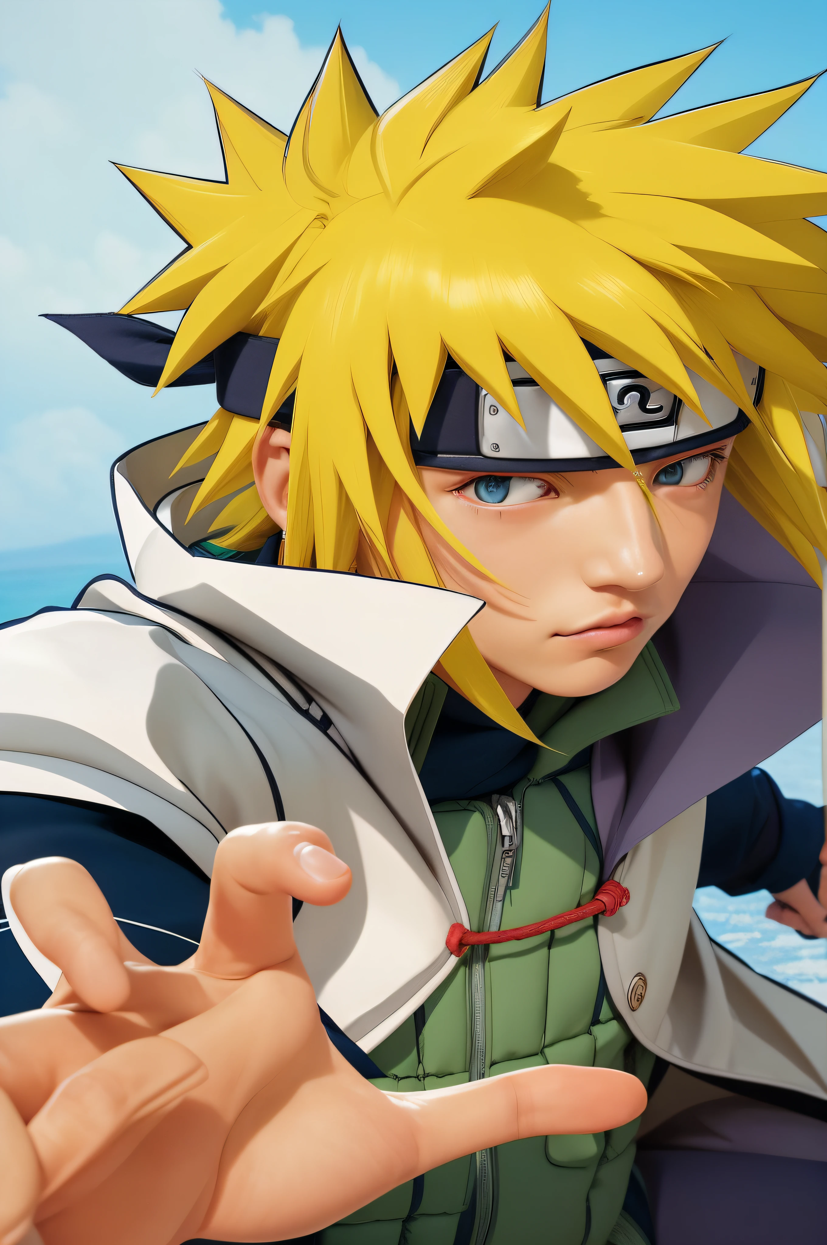 Yondaime is the fourth hokage in the Naruto anime. He has yellow hair, wears a headband with an iron plate bearing the Konoha logo. Her eyes are blue. wears a green jonin jacket, and outside wears a white robe. He is young and handsome.