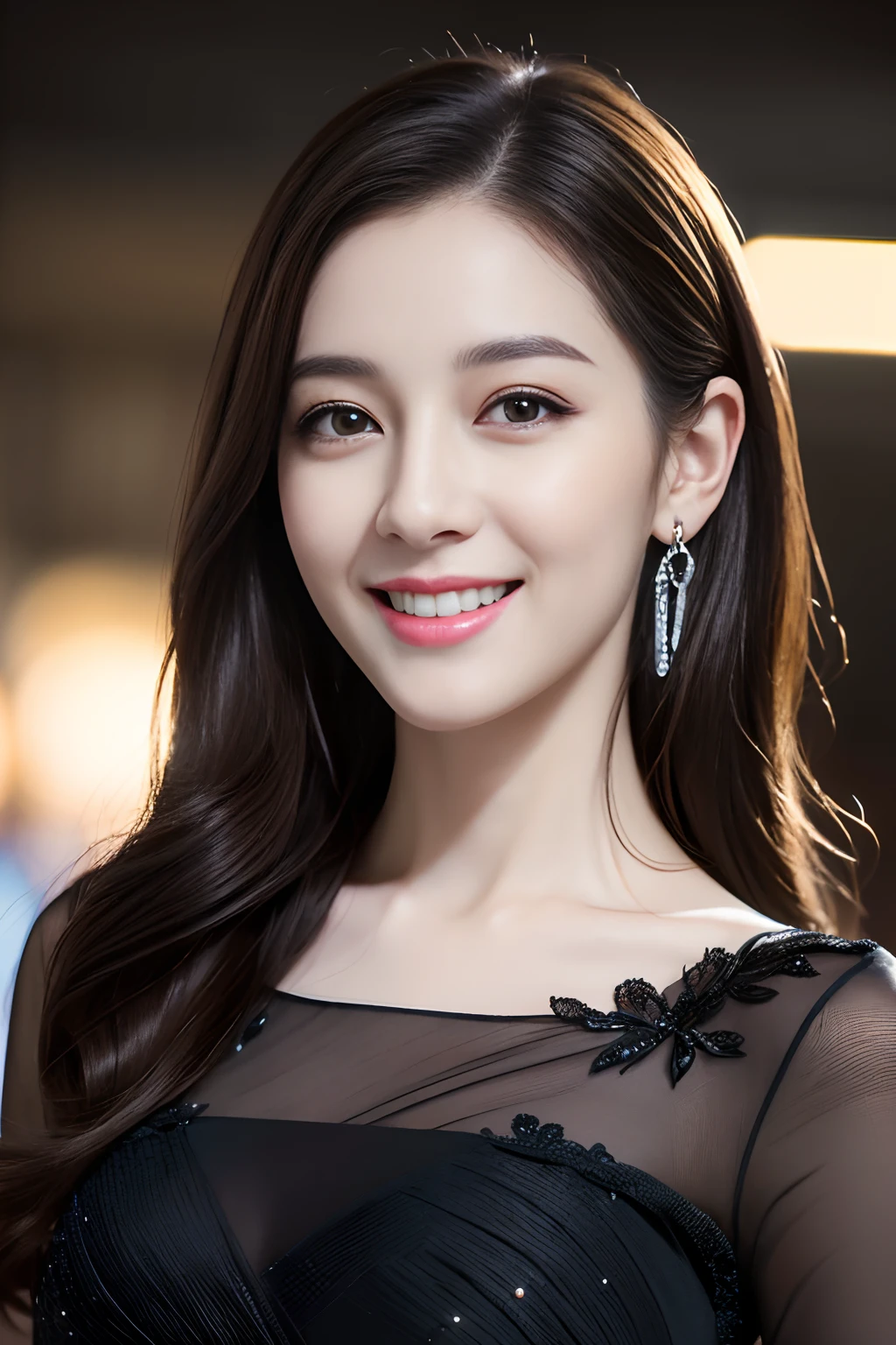 ((Best quality, 8k, Masterpiece :1.3)), 1girl, smiling, full body, slim face, Pretty woman, (Dark brown hair), full length dress :1.1, Ultra-detailed face, Detailed eyes, Double eyelid, blur background, slim face, city, outside, street,