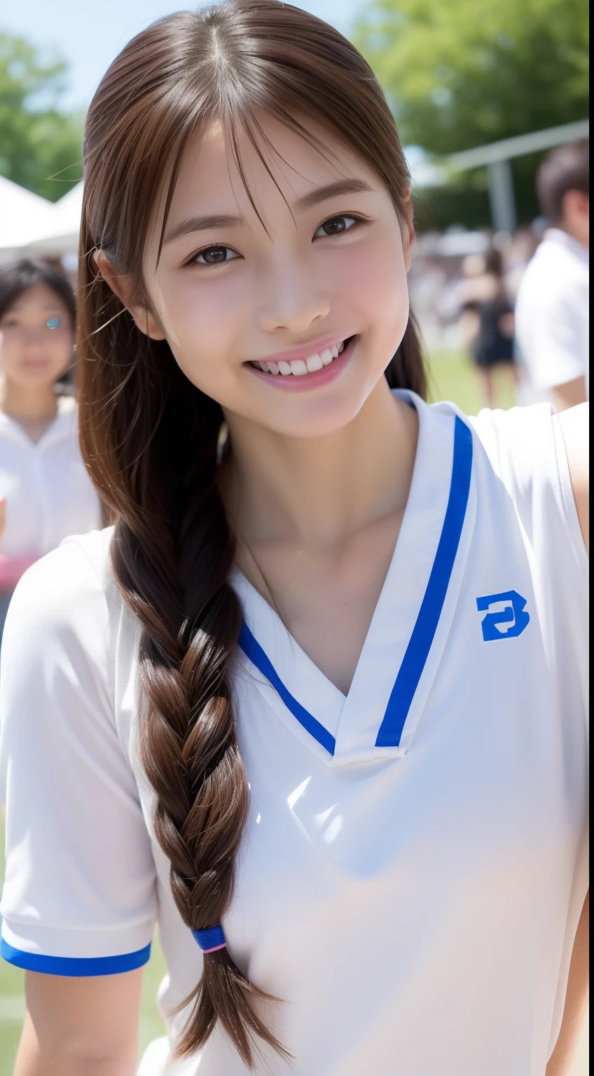 ((8K、Raw photography、top-quality、masterpiece)、(realisitic)、(top-quality)、(Best Shadows)、(The best illustrations)、sexy chest、独奏、hi-school girl、Active girls、The whole picture、Detailed face、perfectly proportions、Raw feet、highest texture、goddes、Clear skin、Sports Girl、Sports Cosplay、full of sweat、Beautuful Women、track and field、A smile、Peace sign towards the camera、Baby-faced Japan、Sakura Endo