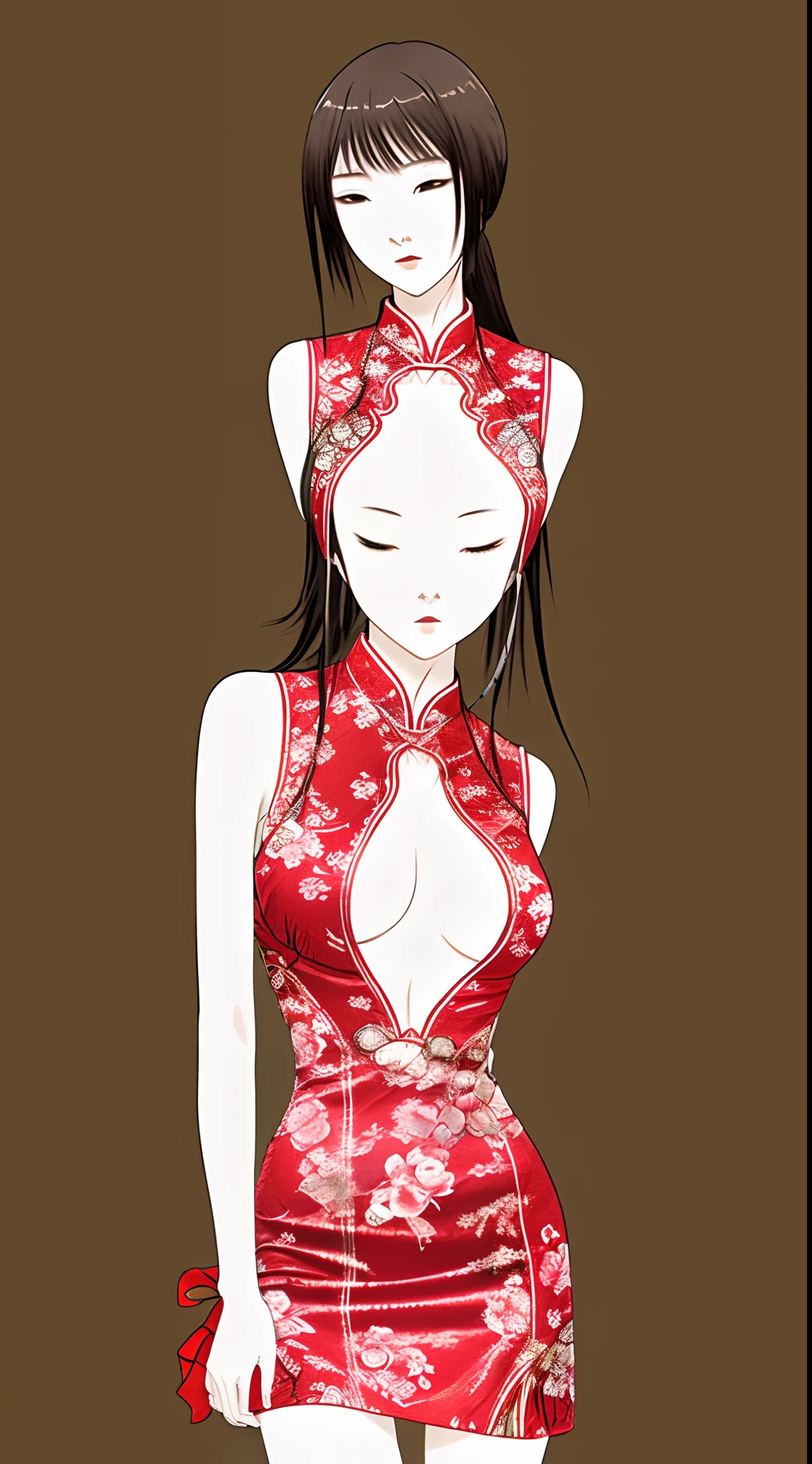 China-style，a Chinese-style dress，anime big breast，Bare chest，on cheongsam，Lace，Hollow-out on
