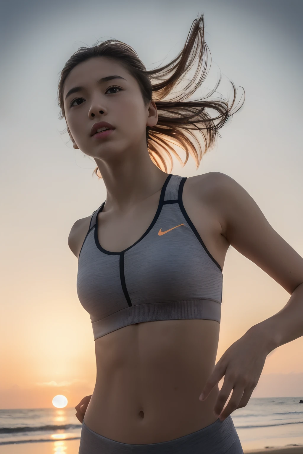 Aida Baiardi) (hyper realistic) (8k photography) natural beauty, dark blonde hairs, medium hairs, (perfect face) blue big eyes, upturned nose, full lips, slim and athletic, running in a cloudy day, on a street, sportswear