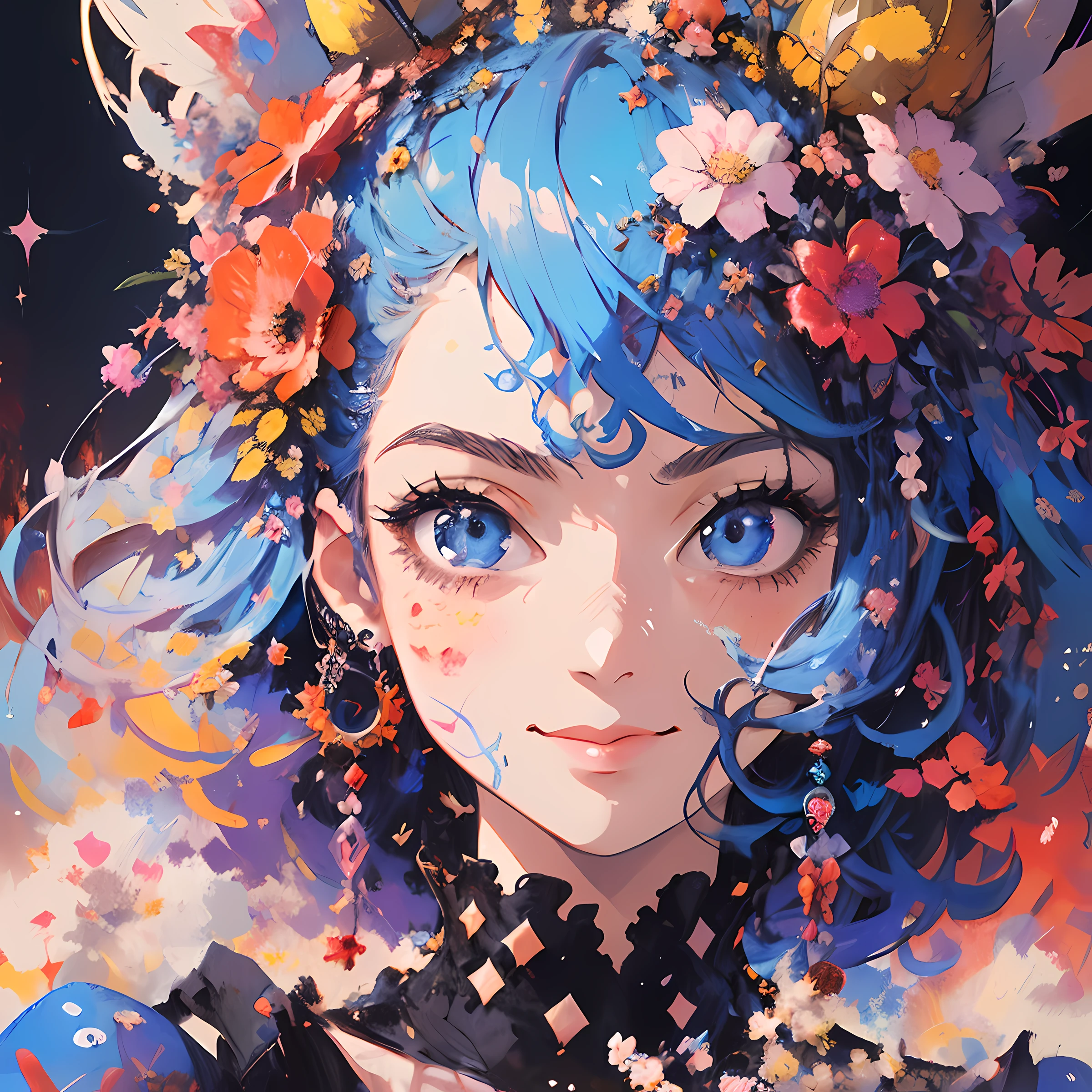((flowercrown)),Contemporary art created by tracing traces of colorful ink、masterpiece、ultra-detailliert、pop-art、innocent smiles、eye glass、(1 girl, Solo:1.6),(Cute smile), (Best Impact:1.5), (maximalism:1.7), Vivid contrast, (Realistic), hyperrealistic illustrations, hight resolution, ultra-detailliert, absurderes,(Fractal Art:1.3)、One Piece Appearance、Random hairstyle、Random hair color colorful、FULL BODYSHOT、Retro、Precise focus、randome pose、cinema4d、Drama
