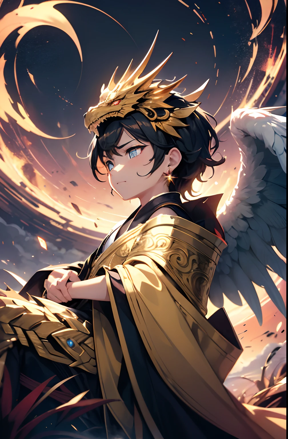（absurderes，A high resolution，ultra - detailed，HDR），tmasterpiece，best qualtiy，A little boy sits on the back of a golden dragon，Arrogant look，独奏，younge boy，Golden Dragon，big dragon，handsome，黑The eye，glowing light eyes，long white robe，Angel wings，archangel，Earrings and accessories，bared  chest，arrogant face，full bodyesbian，swirls of magic，spark of light，swirles，black aura，Dramatic skies，a paradise，abstract backgrounds， From the side Side，head looking up，evilsmile