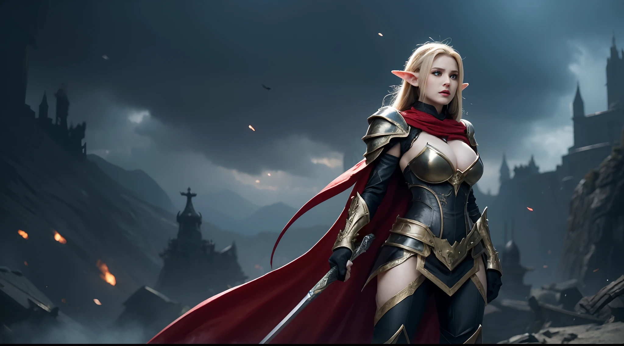 Female elf，Large breasts，Black armor，dramatics，Fly on a dragon