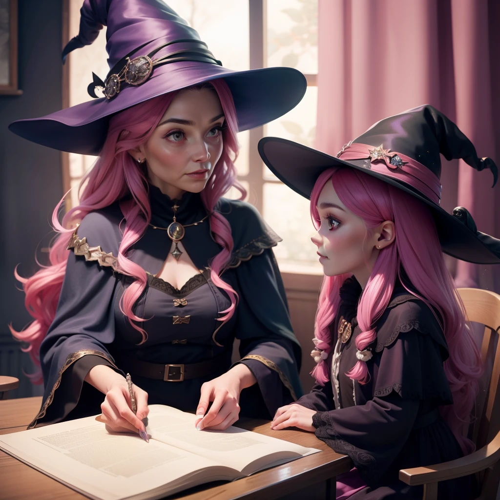 A witch grandma and her witch granddaughter, in a room, discussing something, sparkling pictures, high quality pictures, pretty faces, sparkling pink, granddaughter with long hair