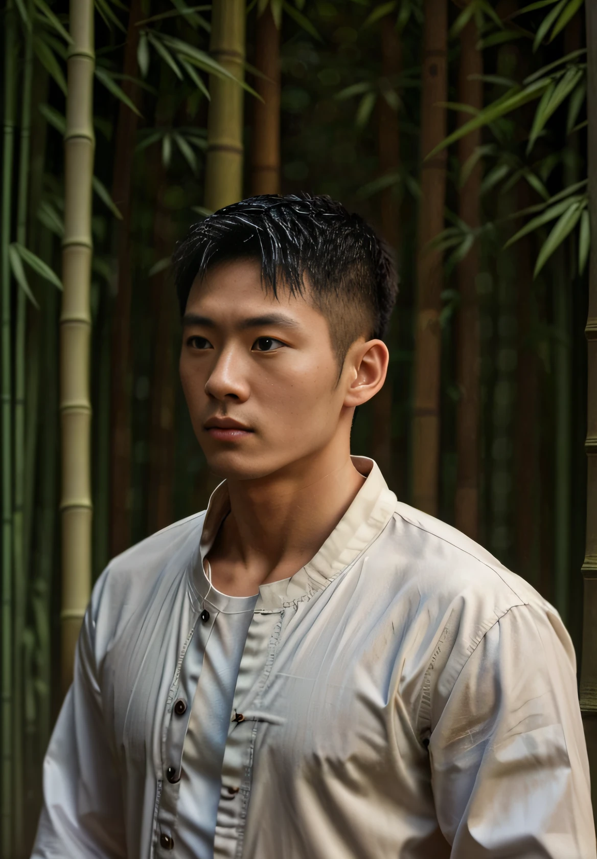 Deep in the bamboo forest, The character is centered，（Tough facial features，Masculine and robust，Get wet，Young East Asian muscular man，dressed white hanfu, Standing in a bamboo forest）, look up to，Quiet, Cinematic lighting, in a panoramic view, Masterpiece, ccurate, Super detail, Award-Awarded, Best quality