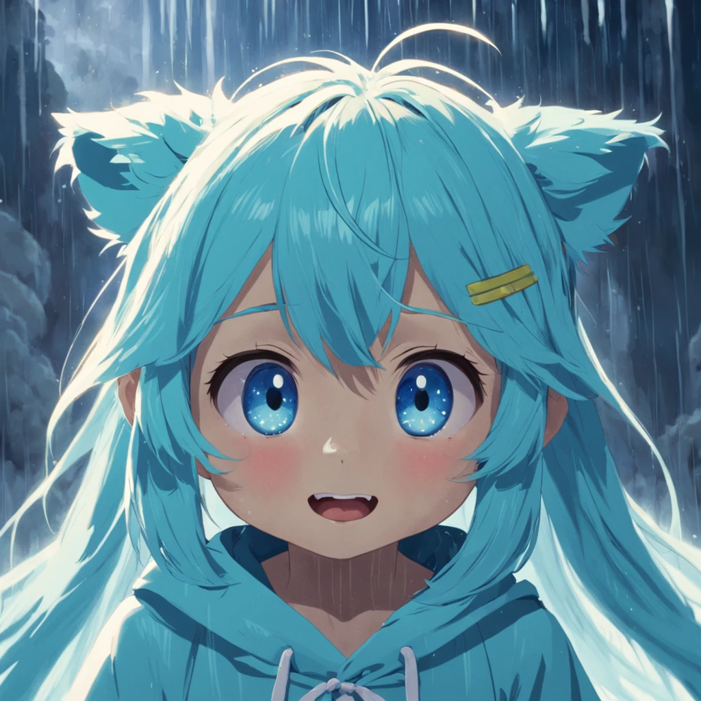 tmasterpiece,best qualtiy,cinematic Film still from,Cute bear orcs,Hair color:Light cyan and white,Pupil color:cyan colors,shaggy,adolable,rained,rays of sunshine,ssmile