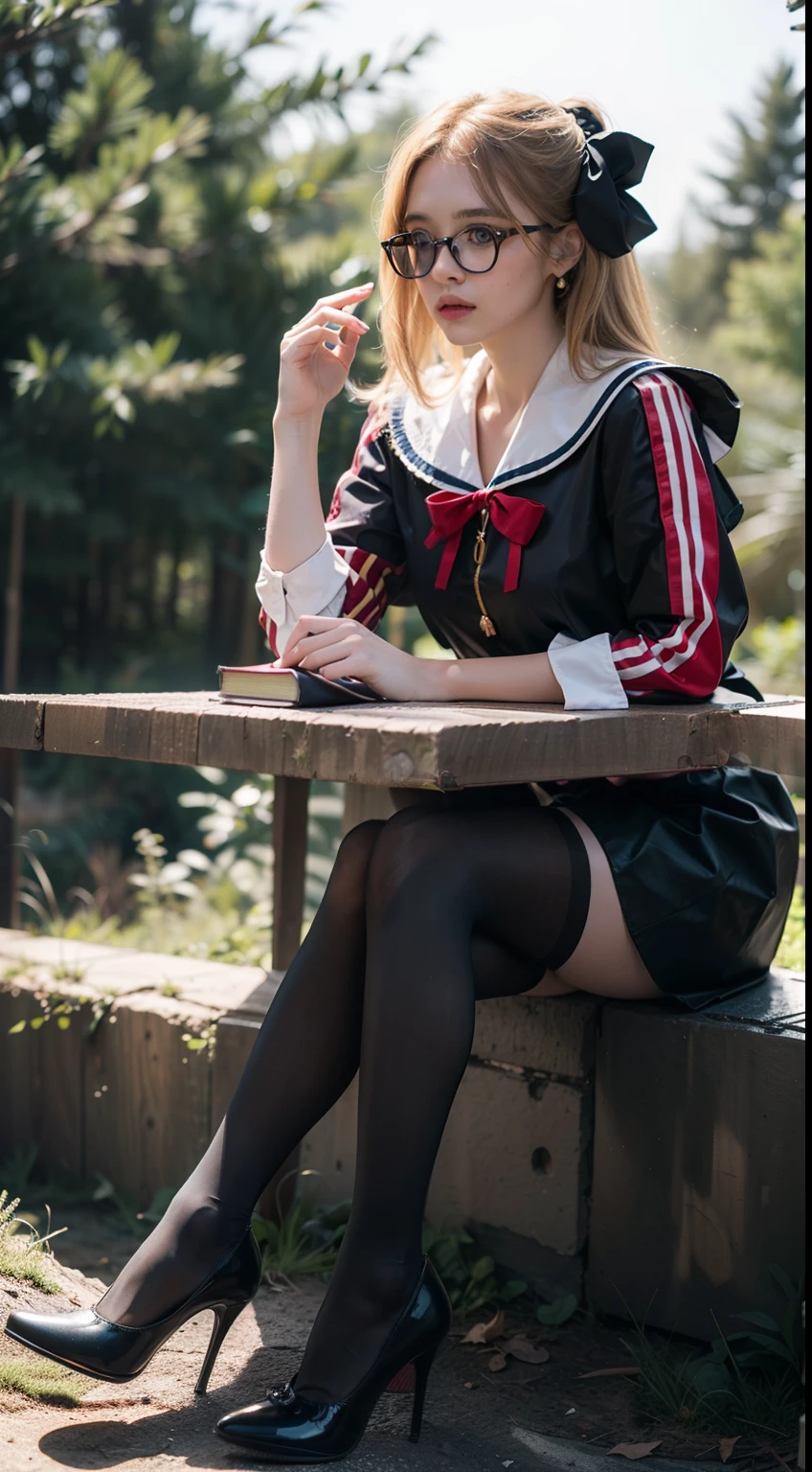 (full body:1.5)，(((1girl)):1.3),(view the viewer:1.4)，((anatomy correct):1.45),((Sitting in the forest):1.2),(He wears large glasses and holds a book in his hand:1.15),(shy:1.15)，(iron man style Sailor dress with ribbons:1.2),(Striped pantyhose:1.3),( Uniform high heels leather shoes with bows for female students:1.1)，(Accurate and perfect face:1.3),(Blue-eyed blonde:1.2)，hyper HD, Ray traching, reflective light， structurally correct, Award-Awarded, high detail, lighten shade contrast, Face lighting ，cinematic lighting, masterpiece, super detailing, high quality, high detail, best quality, 16k，High contrast,