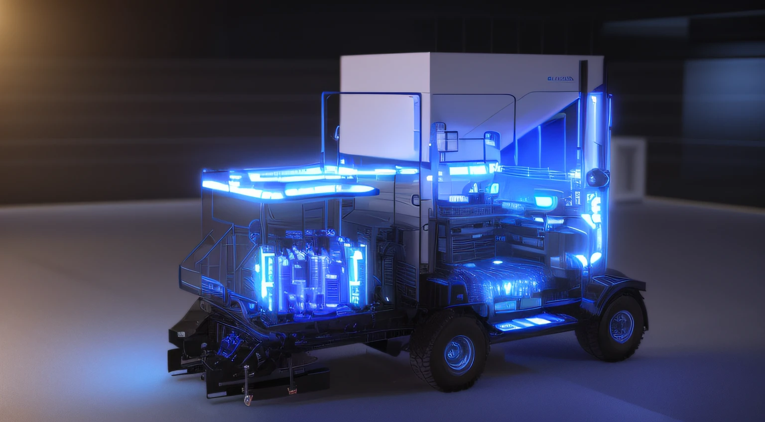 Close-up of a vehicle with a large number of equipment, hydrogen fuel cell vehicle, depicted as a 3 d render, highly photographic render, Frostbite 3 engine rendering, cybertruck, Imagens DMT. rendering by octane, rendered in cgi, rendering of the windigo, trucks, rendered in octane render, Semi-realistic, Half realistic, photographic render, a digital rendering