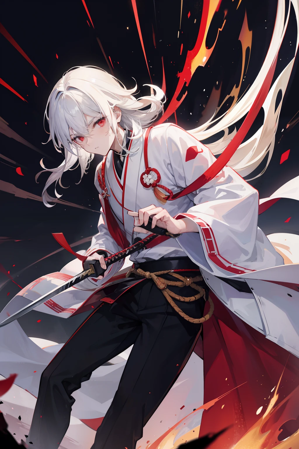 2boys,cabelos preto e longos,Red-eyed teenage man,Stand on an empty street at night,extreme hight detail,White jacket,Black Hakama,Aoba Ori,Holding a huge blood-colored weapon in one hand,A Japanese style,Intimidating,Engulfed in flames、Sword,wall-paper,CG compositing,Japan best swordsman、action、Glowing eerily with lightning、worn-out