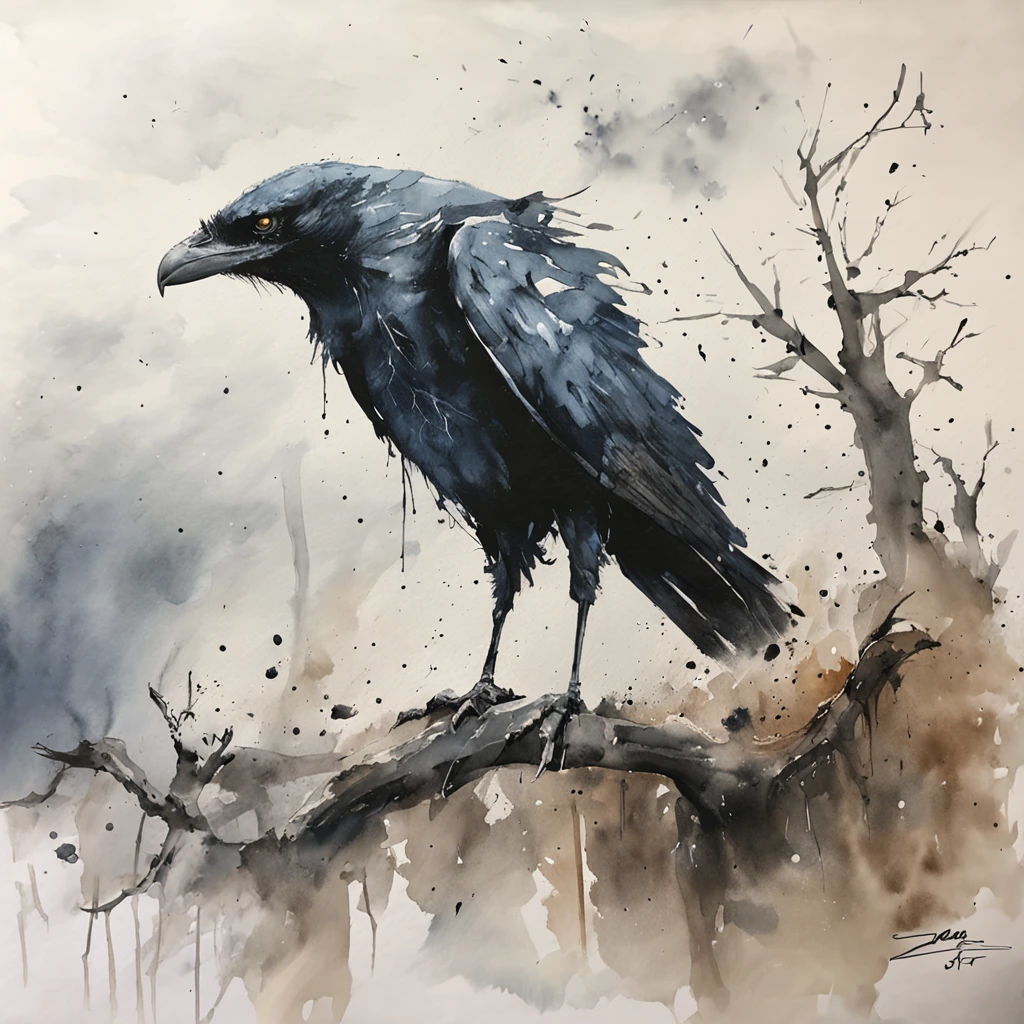 Two crows on a dead tree, A shadow shaped like a walker, Starry night, Thick fog on the ground, Blue light on the horizon, Unreal Engine 5, Cinematic, low angle photography, Motion blur, Depth of field, Dust, Cobblestones and dirt. Splash Art, dripping paint. Perfect color grading. Influenced by Karel Appel and Jeremy Mann, Full of dramatic and threatening scenes, Hyper-detailed, Beautiful, insanely details, Intricate details, editorial photography, shot with a 50mm lens, Depth of field, Tilt Blur, Shutter speed 1/1000, f/22. Lightmaps, Super bright