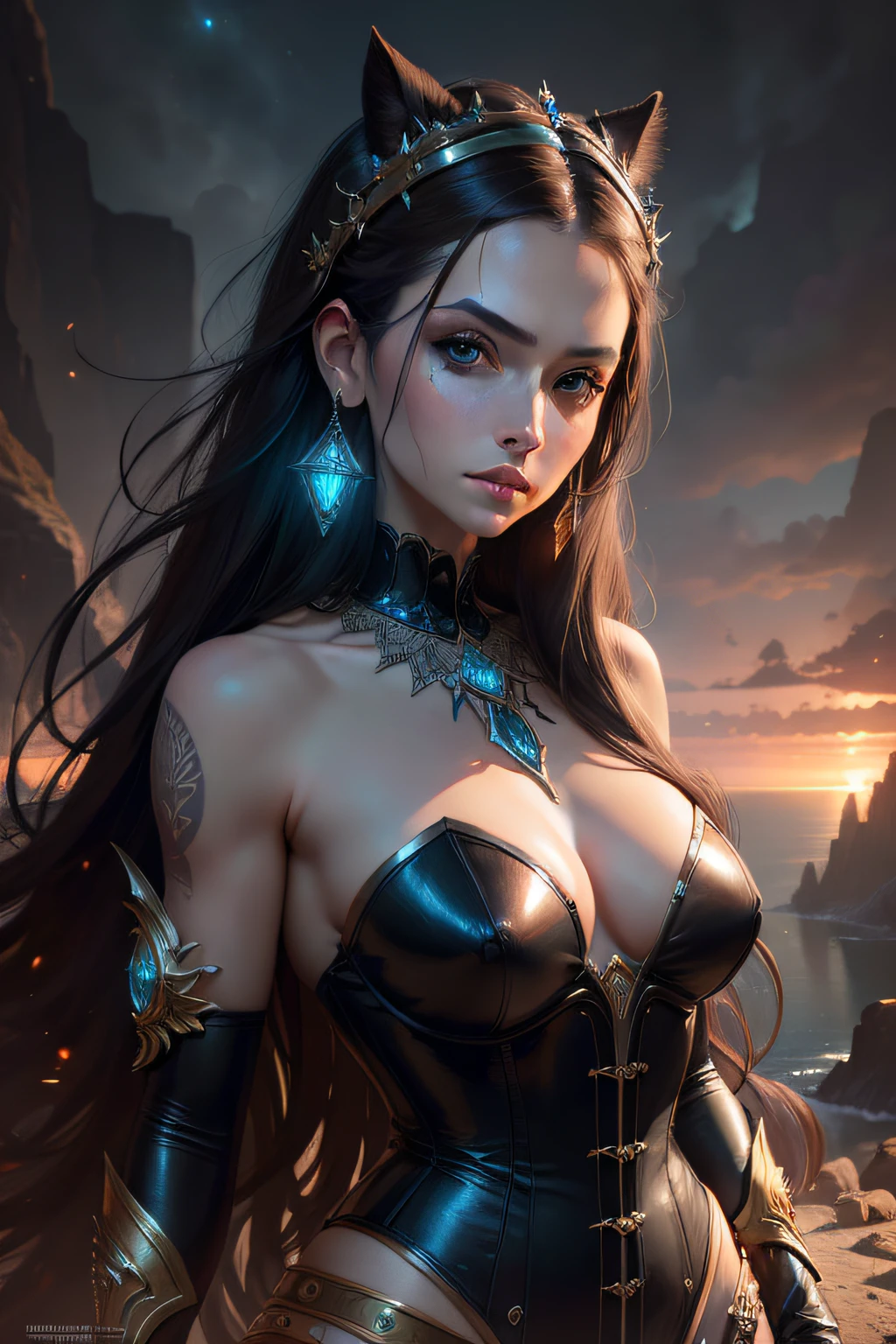realistic, portrait, powerful mysterious beautiful enchantress with piercing, open eyes, long hair, stands in a mountain cliff, wearing a silk iridescent dress and a tight-fitting corset and intricate iridescent clothing adorned with intricate details and shimmering in the moonlight, jewels that adorn her neck and wrists, a powerful sunset that illuminates the sky full body, perfect and symmetrical hands, colourful, ultra detailed face and eyes, perfect hands, cinematic, dramatic lighting, majestic, epic, high detail, soft focus, digital painting, masterpiece, space above the head, fantasy concept art, deviantart, artstation, unreal engin, fantasy concept art, trending on artstation, sharp focus, studio photo, highly detailed, by Boris Vallejo, Raphael, Caravaggio, Greg Rutkowski, Beeple, Beksinski, Giger, 8k