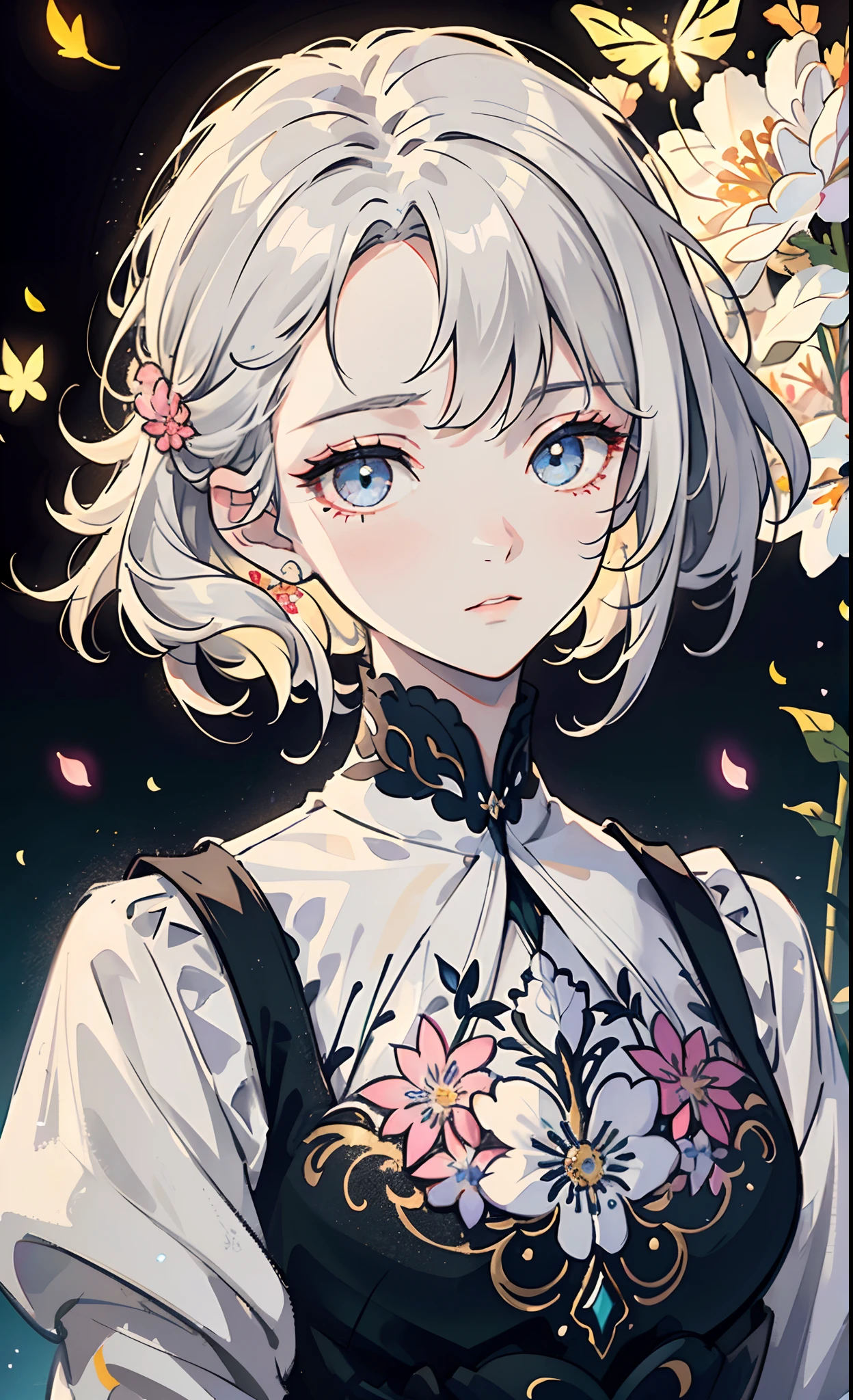 A masterpiece),(Delicate facial features),(Very fine CG),(Highest image quality),Messy hair,long eyelasher, ,white color hair, Dull hair,(tmasterpiece),(Delicate portrayal of the eye),(Finely portrayed clothes),Adult daughter, falling flower petals, glowing butterflies, long eyelasher
