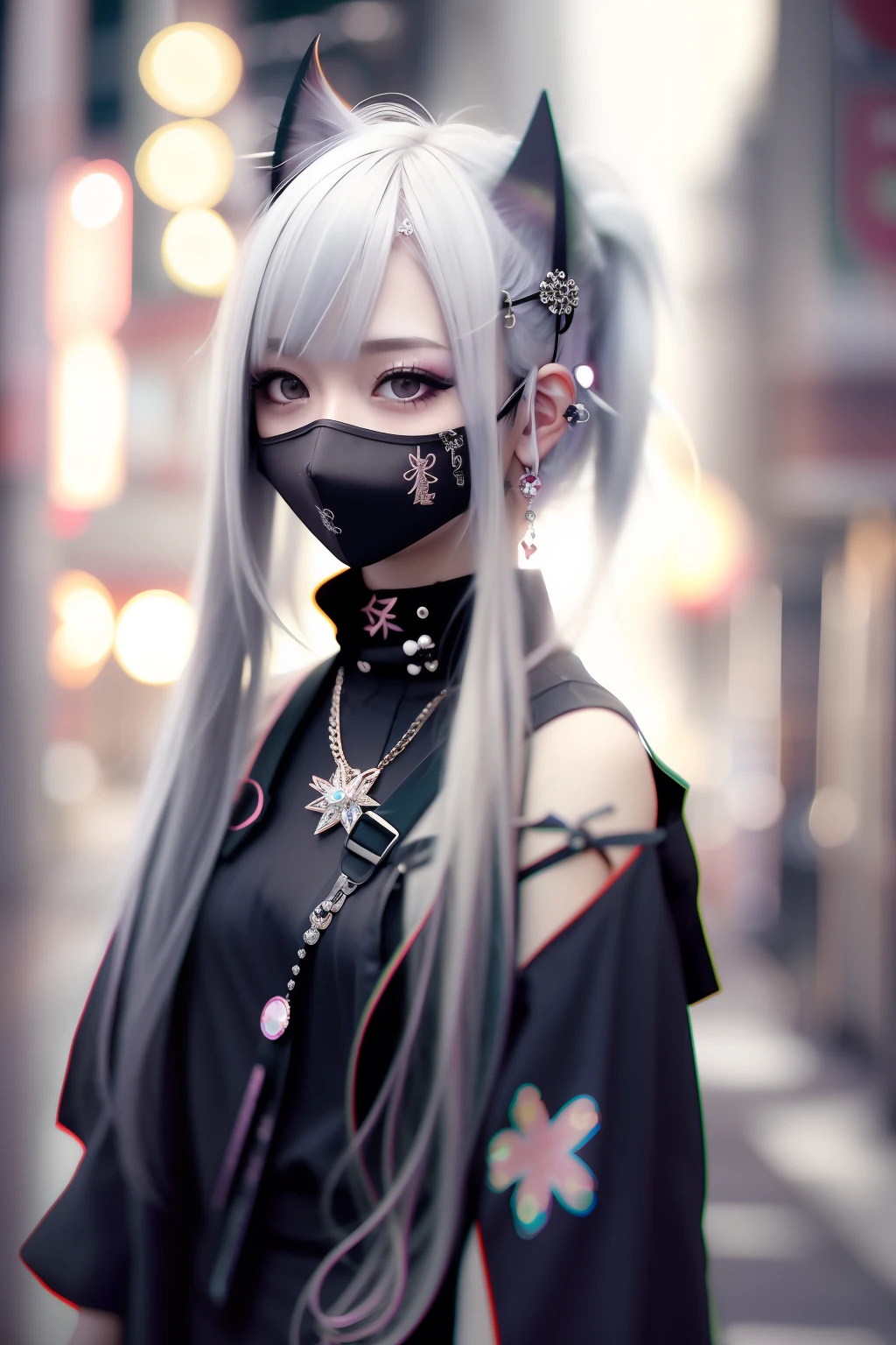 Sit on a chair, cross one's legs、Huza、Sit up、goth_punk, 1girl in, 独奏,, ((during night)), bokeh dof, Neon light, Iridescent eyes, starrysky, White shiny hair, White eyebrows, Radiant hair, (iridescent white hair), 耳Nipple Ring, bangss, jewely, masks, bluntbangs, verd s eyes, Mouth mask, blurry backround, bblurry, hair adornments, Look at viewers, shorth hair, portraitures, side locks