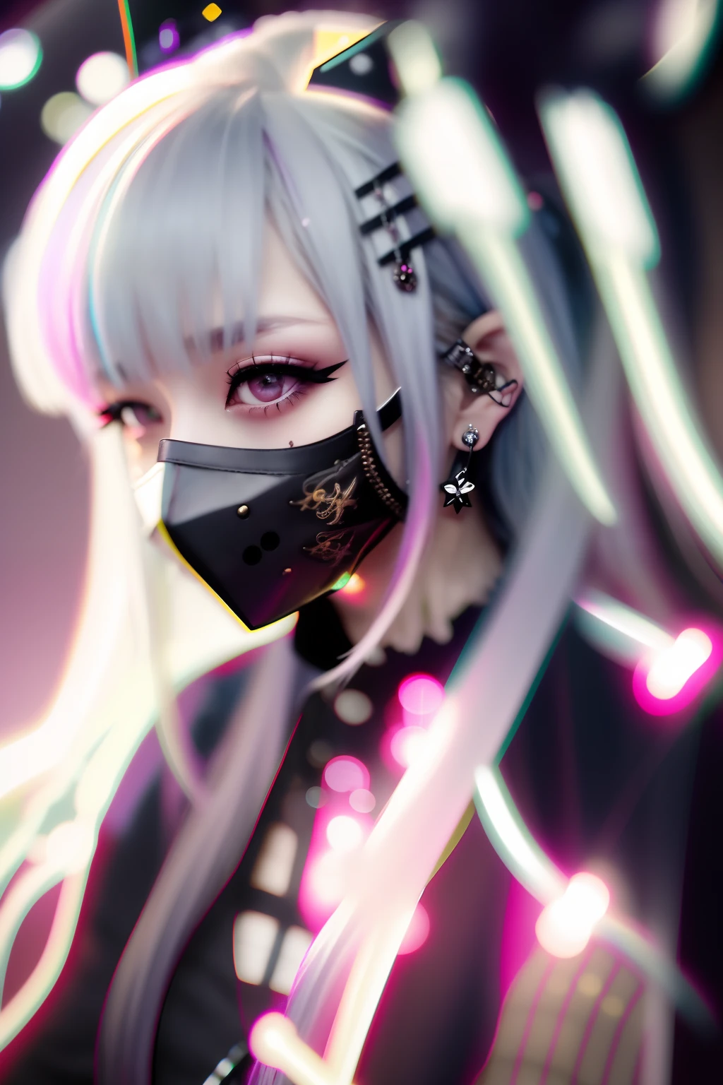 A dark-haired、A black、crows、goth_punk, 1girl in, 独奏, medium shot, Walking in Harajuku, ((during night)), bokeh dof, neon light, iridescent eyes, starrysky, White sparkling hair, White eyebrows, Radiant hair, (iridescent white hair), 耳Nipple Ring, bangss, jewely, masks, bluntbangs, verd s eyes, Mouth mask, blurry backround, bblurry, hair adornments, Look at viewers, shorth hair, portraitures, side locks