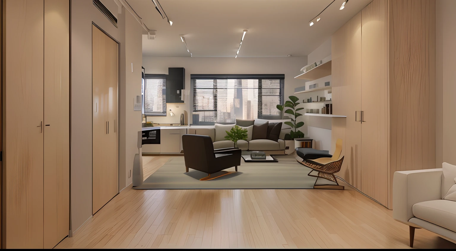 The New York Manhattan apartment in the sunset has a room with a sofa, chair, and a window, rendered in enscape, enscape render, apartment design, render vray, natural realistic render, maximalist interior design, vray rendered, modern minimalist f 2 0 clean, low angle dimetric rendering, rendered in vray, photoreal render, modern minimalist f 2 0, interior living room
