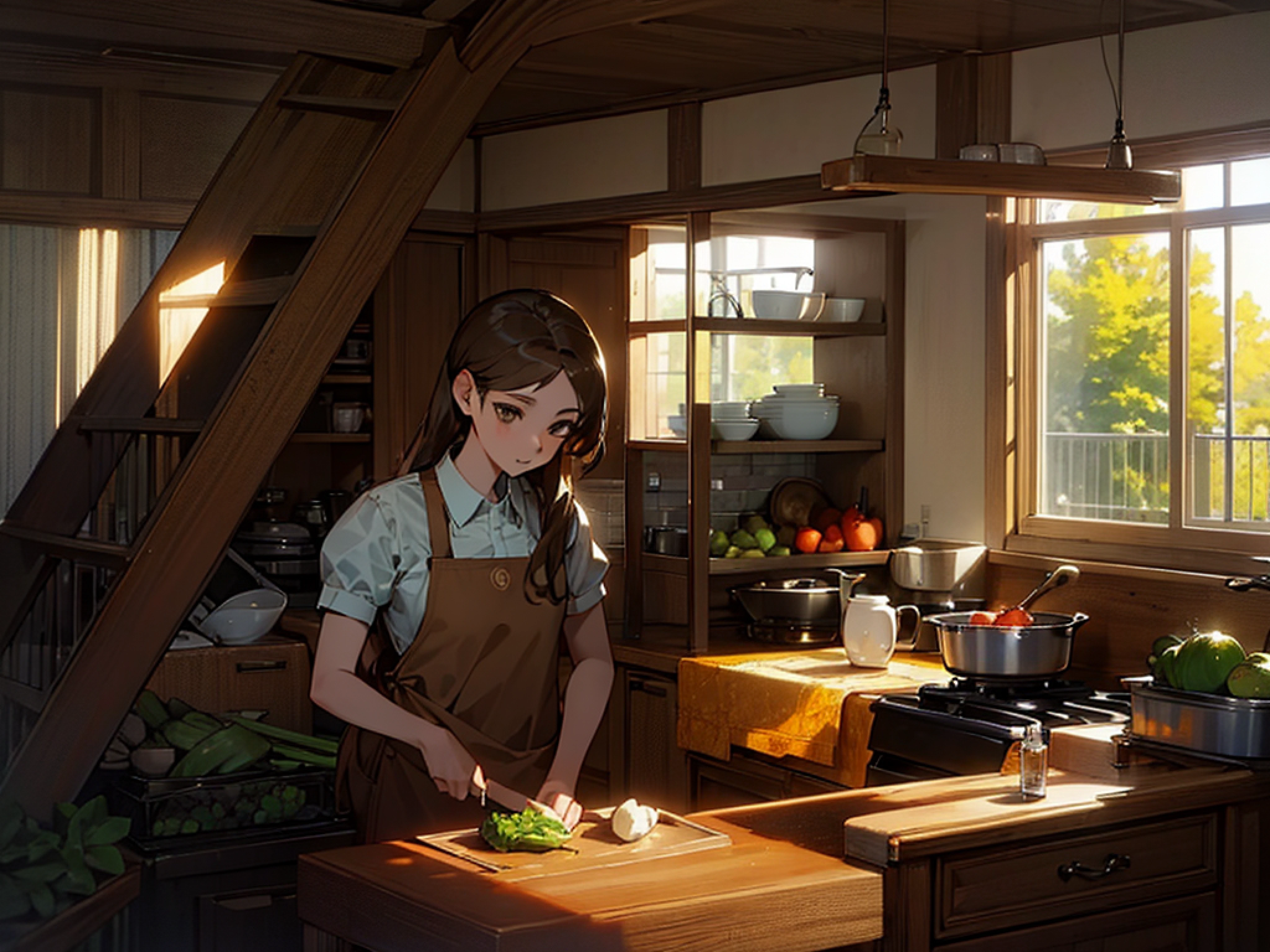 ((Masterpiece, Best quality)), 1 woman, long whitr hair,horse tailed，eye closeds，Cut vegetables,8K, Masterpiece,Detailed background, illusory engine, Global illumination,  (((Brown apron))), Sunny weather, Soft light shines through the windows, kitchens