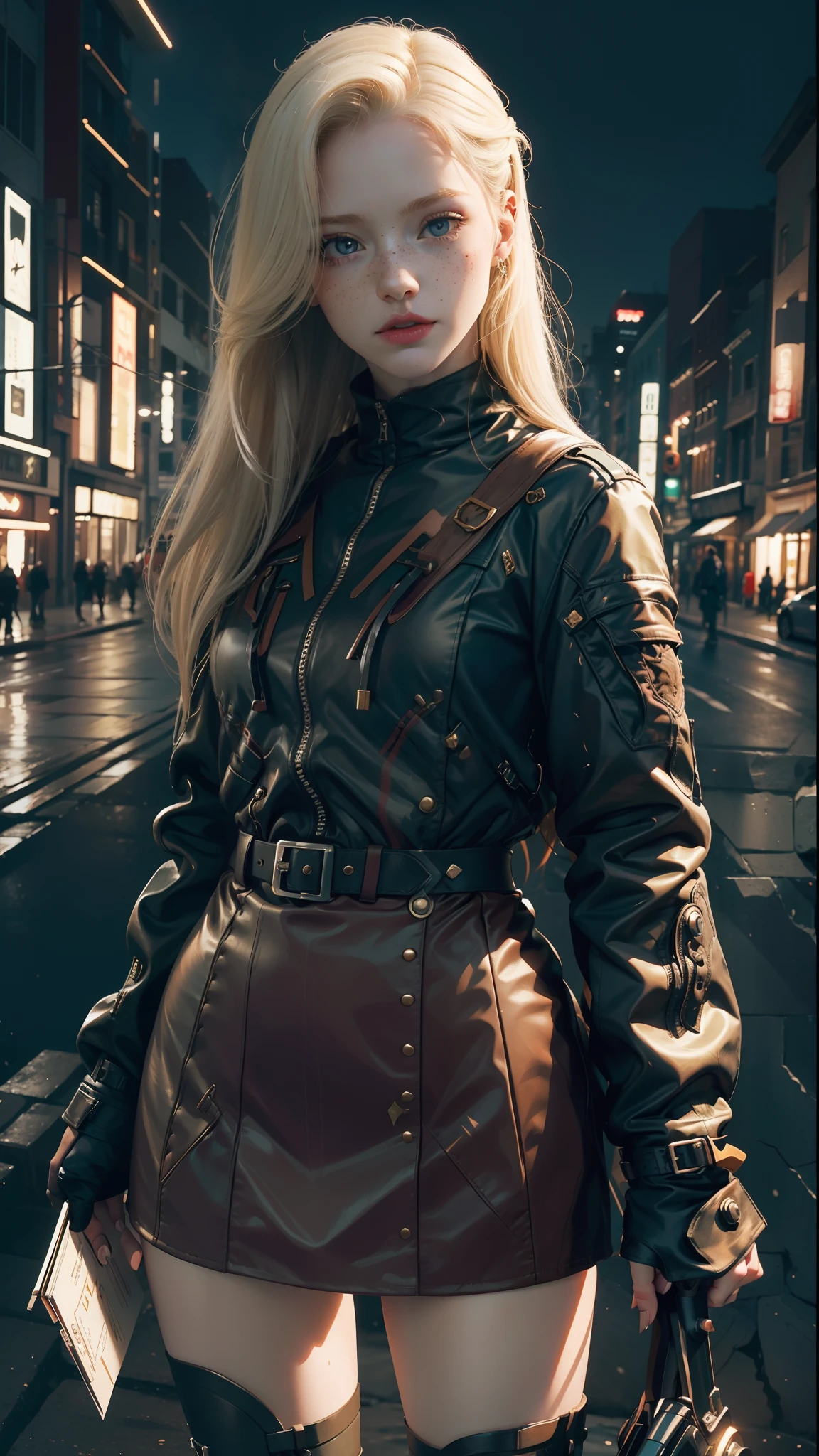 Cammy White, americana, 25 anos, pale skin and freckles, olhos cinzas, nariz delicado, soft and delicate lips, cabelo blondie cinza longo e ondulado