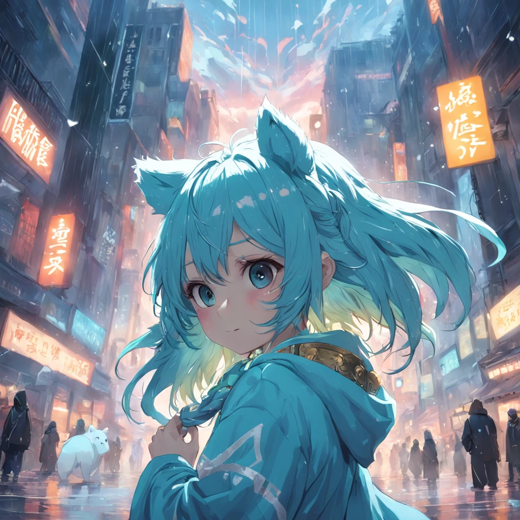 tmasterpiece，best qualtiy，cinematic Film still from，Cute bear orcs，Shota，Hair color：Light cyan and white，Pupil color：cyan colors，shaggy，adolable，Rained，rays of sunshine，ssmile