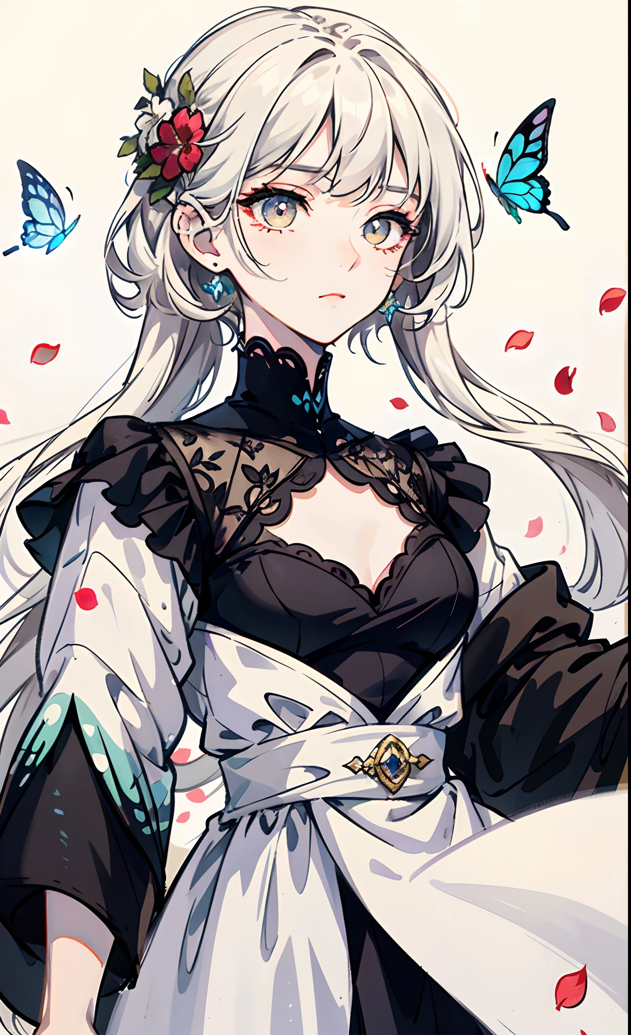 A masterpiece），（Delicate facial features），（Very fine CG），（Highest image quality），Messy hair，long eyelasher， ，white color hair, Dull hair，（tmasterpiece），（Delicate portrayal of the eye），（Finely portrayed clothes），Adult daughter, falling flower petals, glowing butterflies, long eyelasher