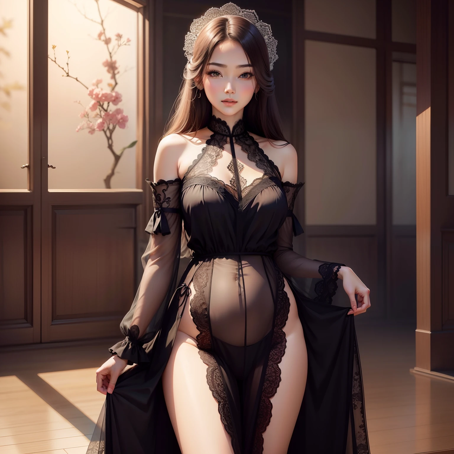prengant、Lace、Beautiful woman、Long legs、Full image is realistic、Delicate face