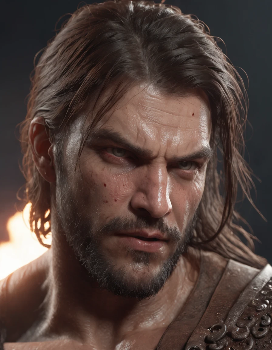 (professional 3d render:1.3) af (Realistic:1.3) most beautiful artwork photo in the world,Features soft and shiny male heroes, ((Epic hero fantasy muscle man rough wet hero angry looking long hair short beard and ferocious expression in dynamic pose, Fantastic location, Majestic cluttered environment)), full body 8k unity render, action shot, skin pore, very dark lighting, heavyshading, Detailed, Detailed face, (vibrant, photograph realistic, Realistic, Dramatic, Dark, Sharp focus, 8K), (Old leather garments damaged by weathering:1.4), ((((Wear fur)))), (Intricate:1.4), decadent, (Highly detailed:1.4), Digital painting, rendering by octane, art stations, concept-art, smooth, Sharp focus, illustration, Art germ, (loish:0.23), wlop ilya kuvshinov, and greg rutkowski and alphonse mucha gracias, (Global illumination, Studio light, volumettic light), heavy rain, particles floating, lotr, fantasy, elf, full bodyesbian, ((Dark and ancient city background:1.3)),CGSesociety,art stations