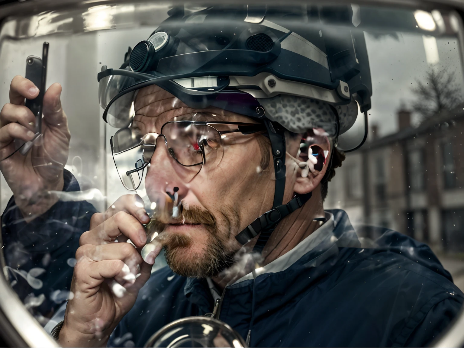 there is a man smoking a cigarette in a mirror, stable diffusion self portrait, distorted photo, reflection of phone in visor, fisheye portrait, soap bubble mind, reflection of iphone in visor, glass bubble helmet, reflection on helmet, deep in thought, inspired by Jan Rustem, tight shot of subject, person in foreground, by Jan Rustem, reflective faces