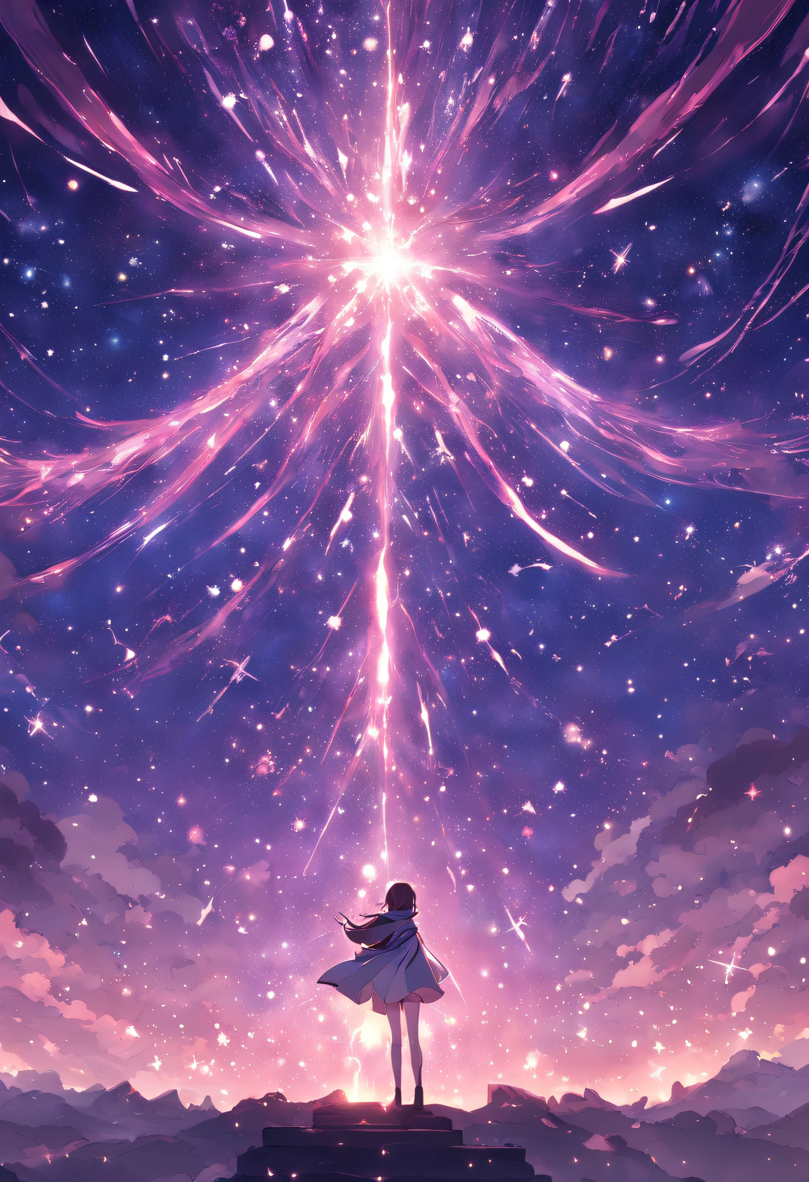 The starry sky of the galaxy，Magnificent standing figure,Twinkling starlight，limitless，Fantastic sight、Rear view