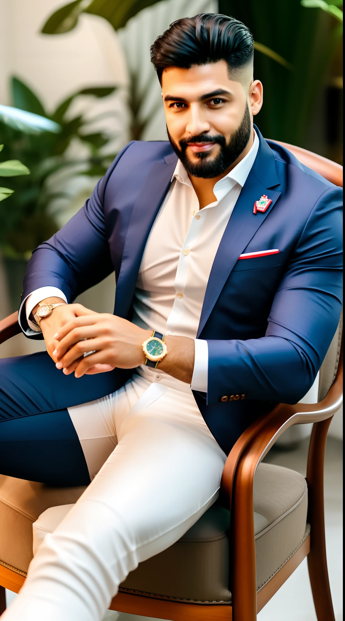 A man in a suit sitting in a chair with a watch on his wrist, Miniatura do YouTube, terno luxuoso, ternos, Terno Elegante, Comercial de TV, academia, roupas sob medida, Luxury Ad, instagram, Aghartha, solid background, Ad image, Estilo Corporativo, Directed by: Nandor Soldier, terno de alta qualidade, Background Story