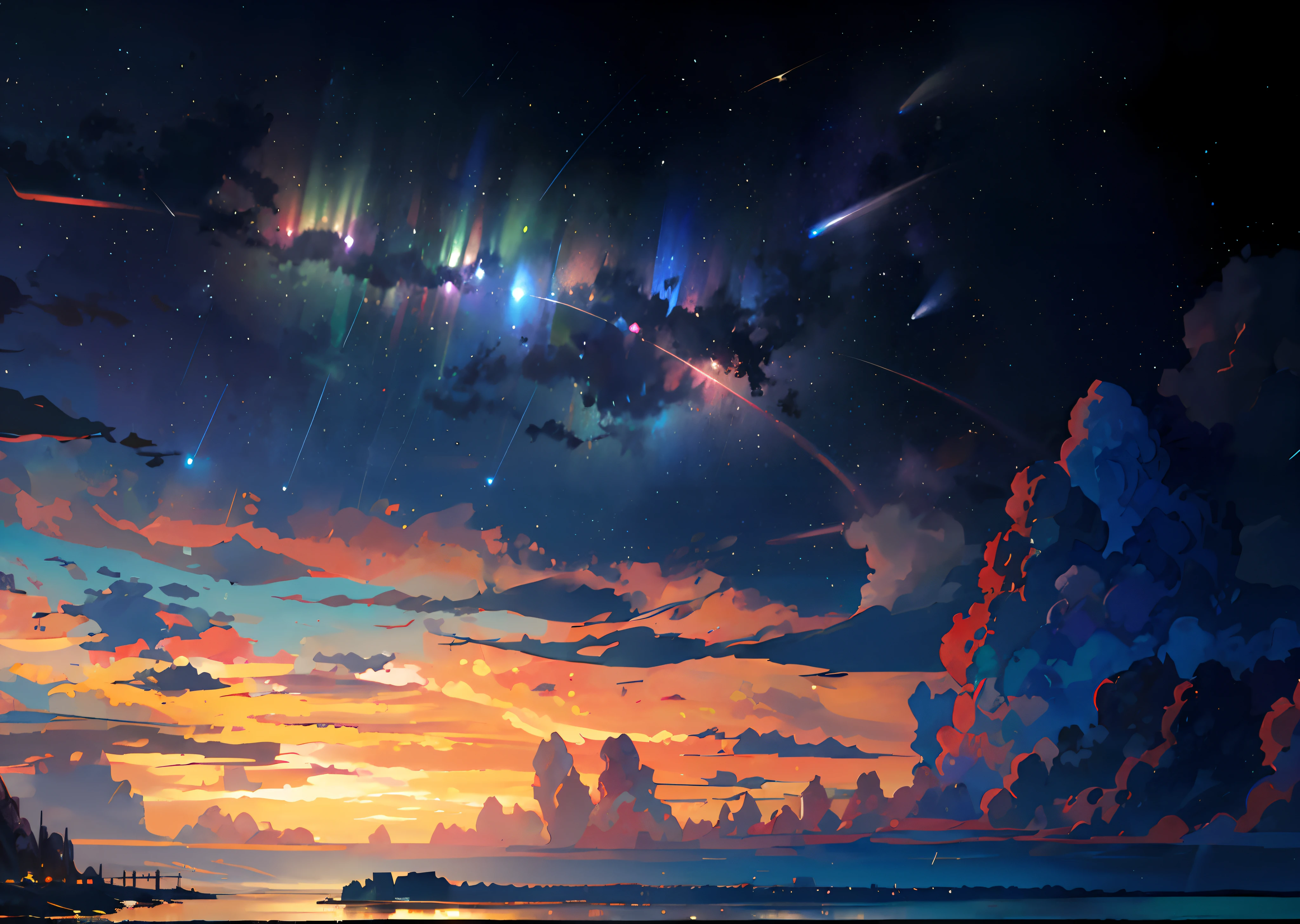 (zoom:1.1), (meteor shower:1.2), (comet:1.1), low angle, arora borealis, shooting star, top quality, masterpiece, clouds, colorful, southeast Asian beach, summer, seascape, small islands